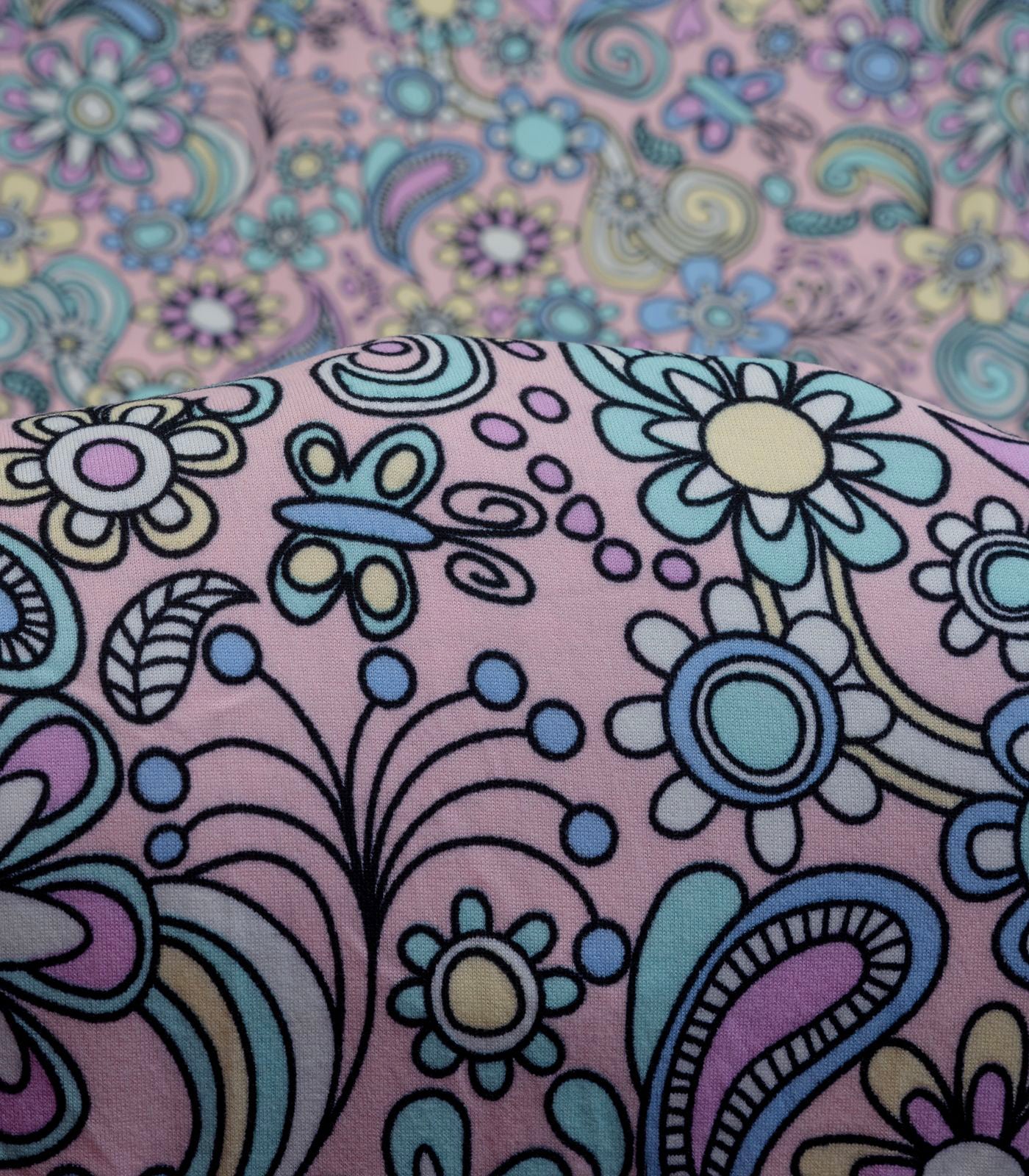 Baby Pink/Teal/Yellow Paisley/Flowers Double Brushed Poly Fabric