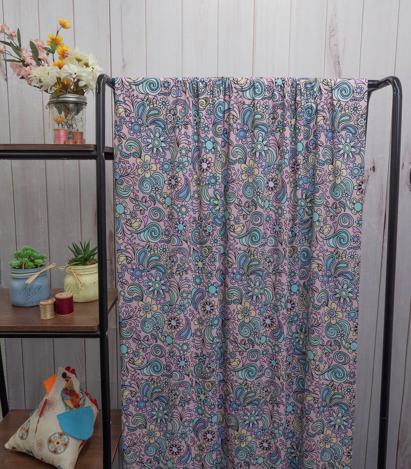 Baby Pink/Teal/Yellow Paisley/Flowers Double Brushed Poly Fabric