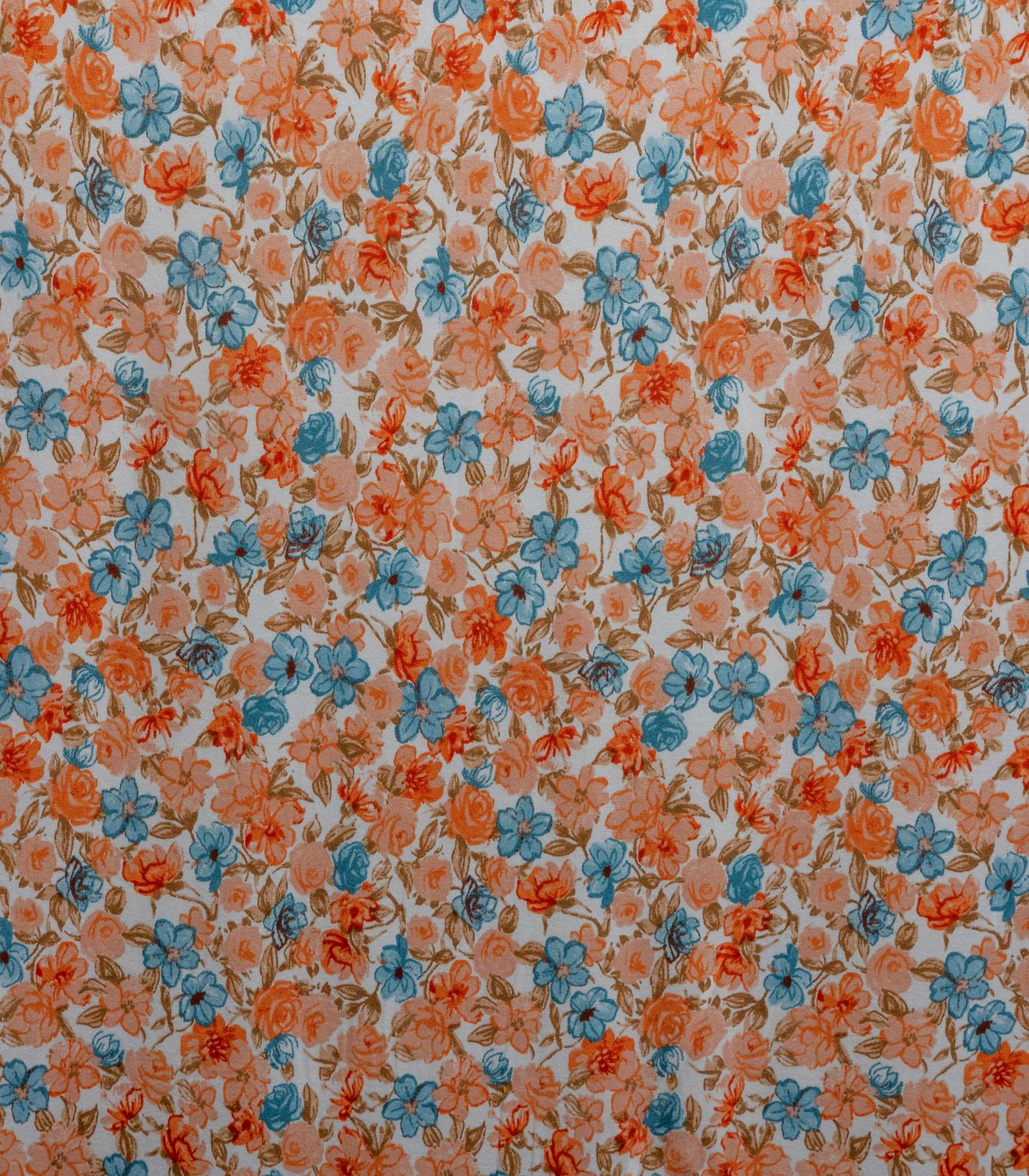 Off-White/Coral/Teal Roses/Small Floral Double Brushed Poly Fabric