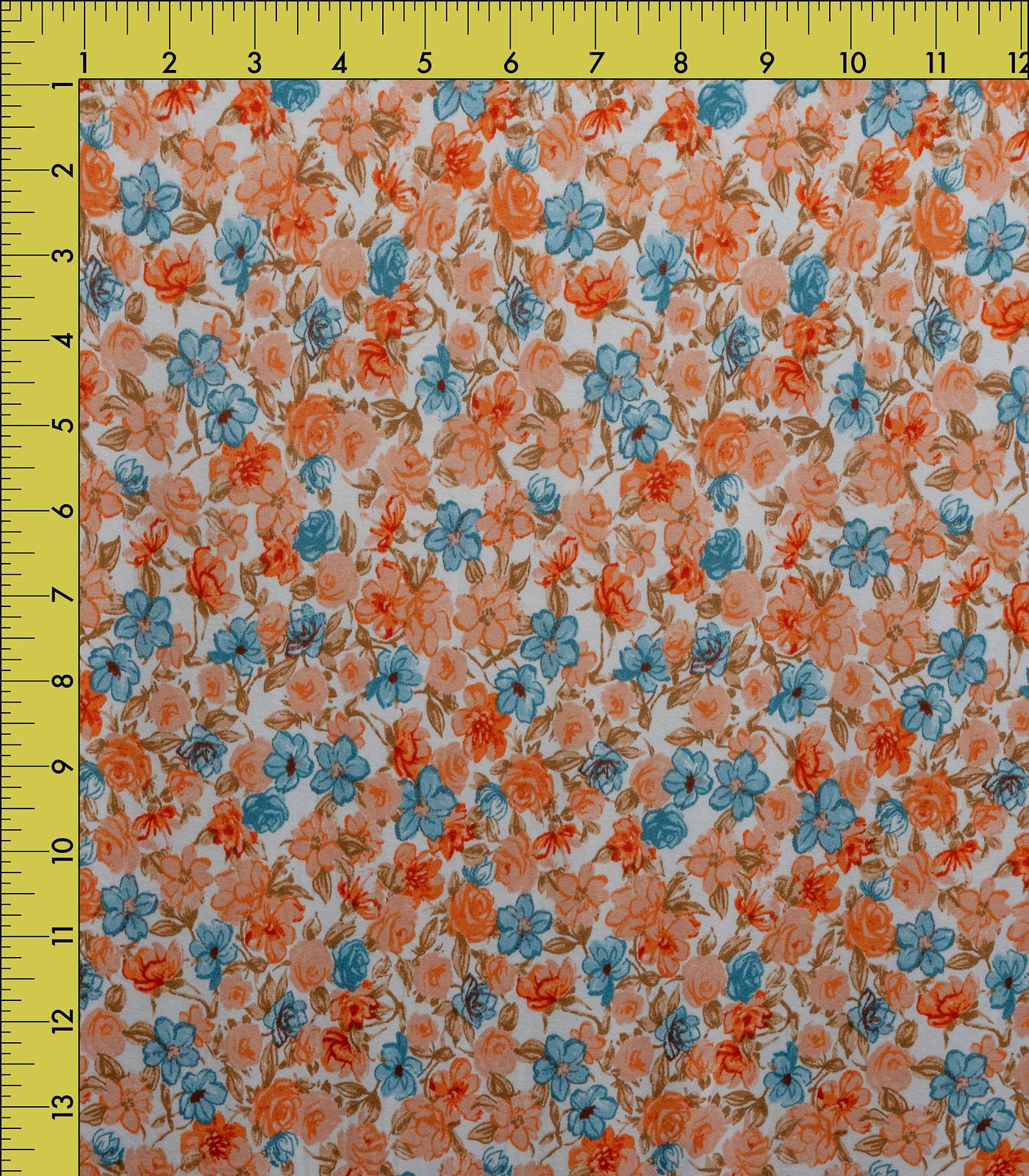 Off-White/Coral/Teal Roses/Small Floral Double Brushed Poly Fabric
