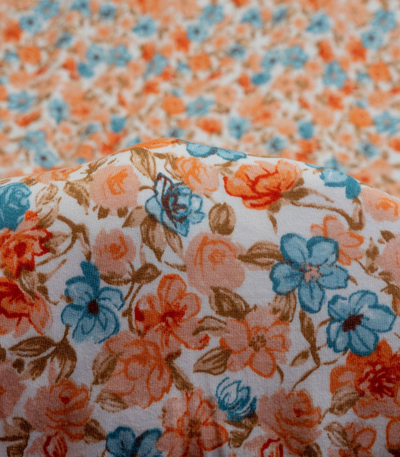 Off-White/Coral/Teal Roses/Small Floral Double Brushed Poly Fabric