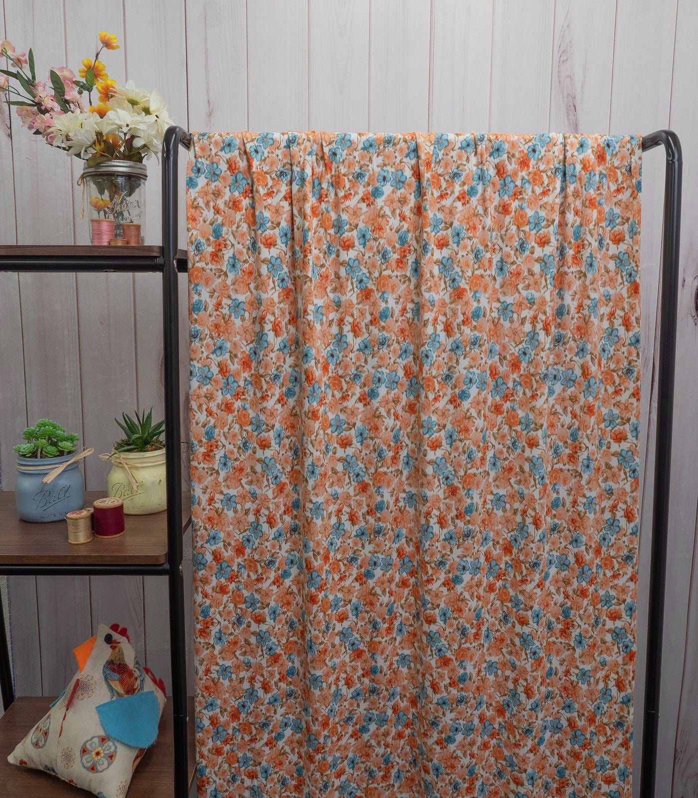 Off-White/Coral/Teal Roses/Small Floral Double Brushed Poly Fabric