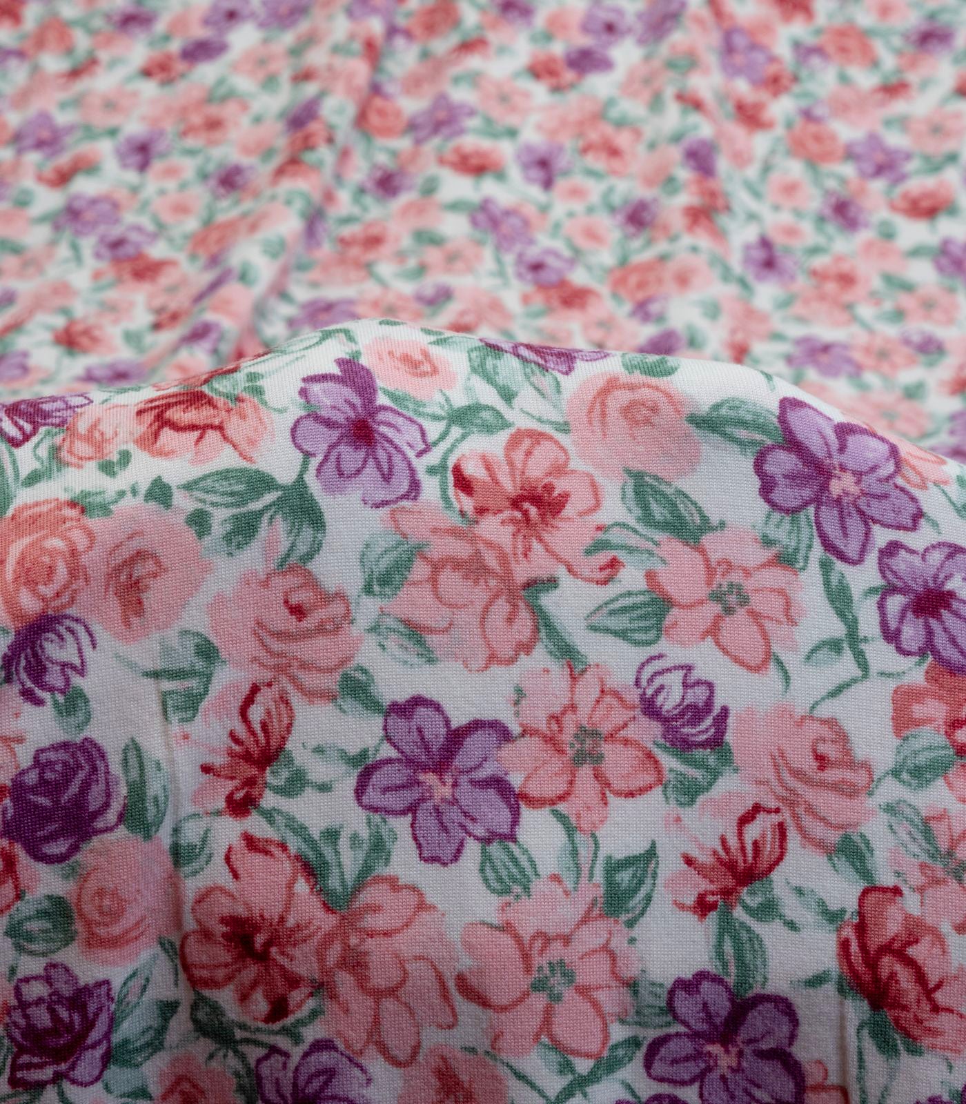 Off-White/Baby Pink/Purple Roses/Small Floral Double Brushed Poly Fabric