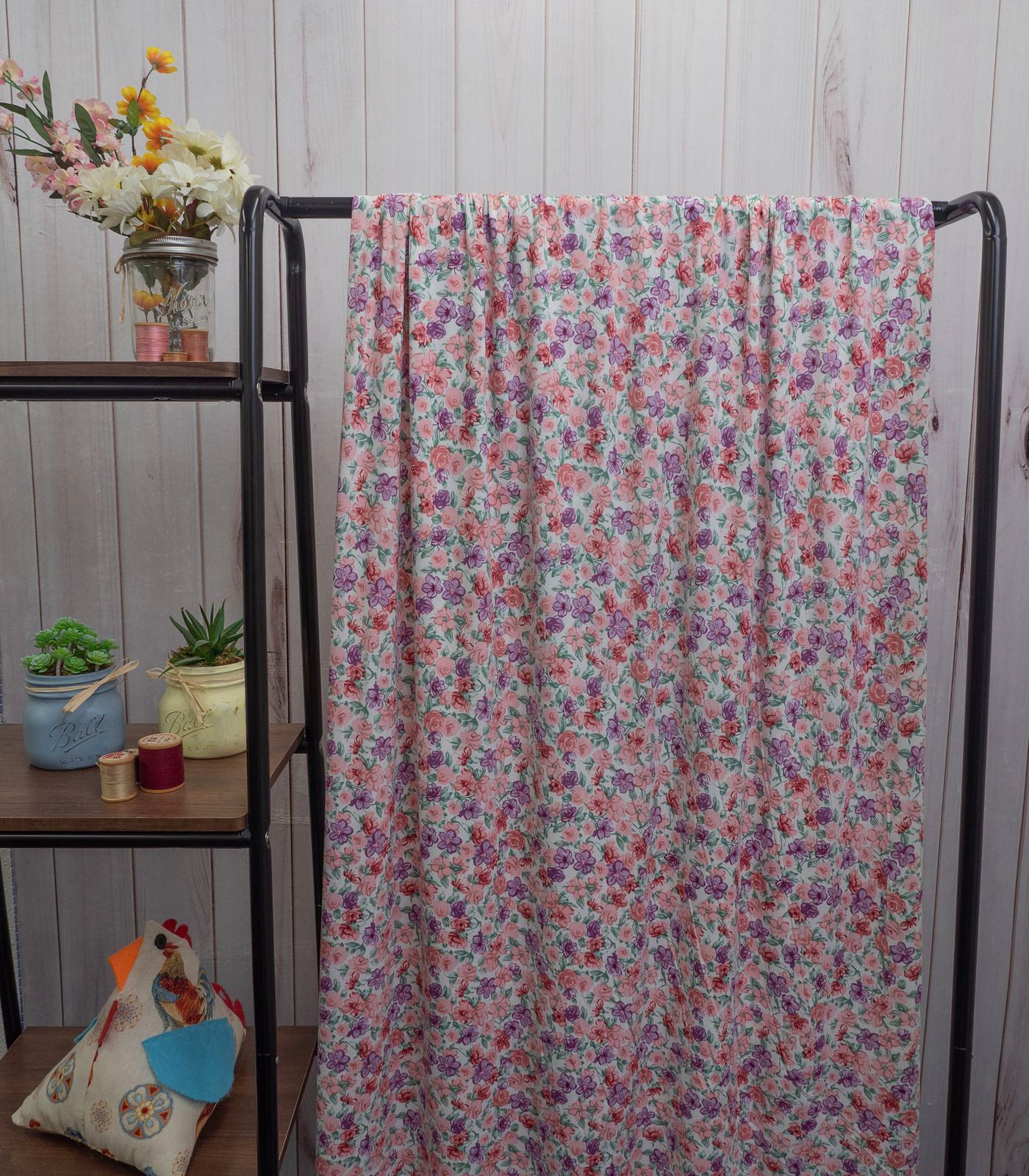 Off-White/Baby Pink/Purple Roses/Small Floral Double Brushed Poly Fabric