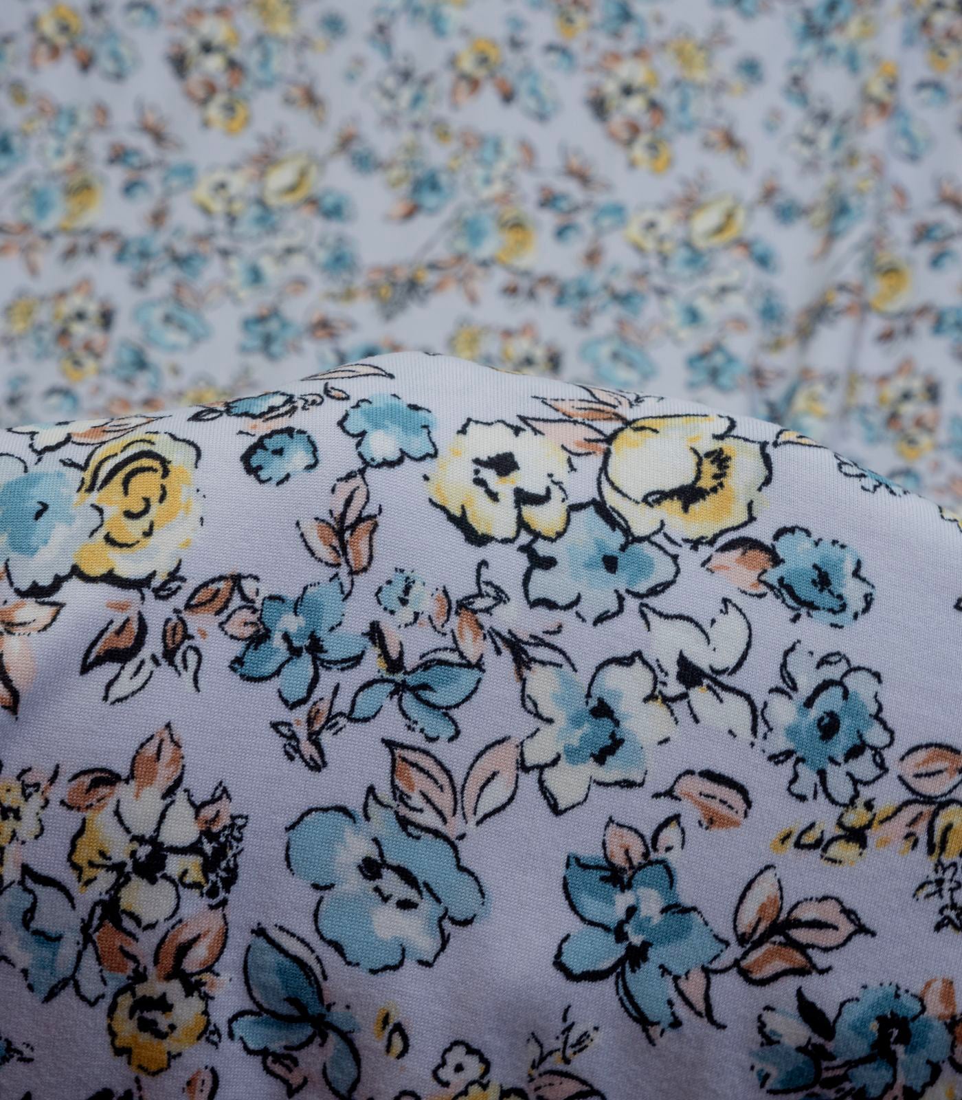 Lilac/Baby Blue/Yellow Ditsy Floral Double Brushed Poly Fabric