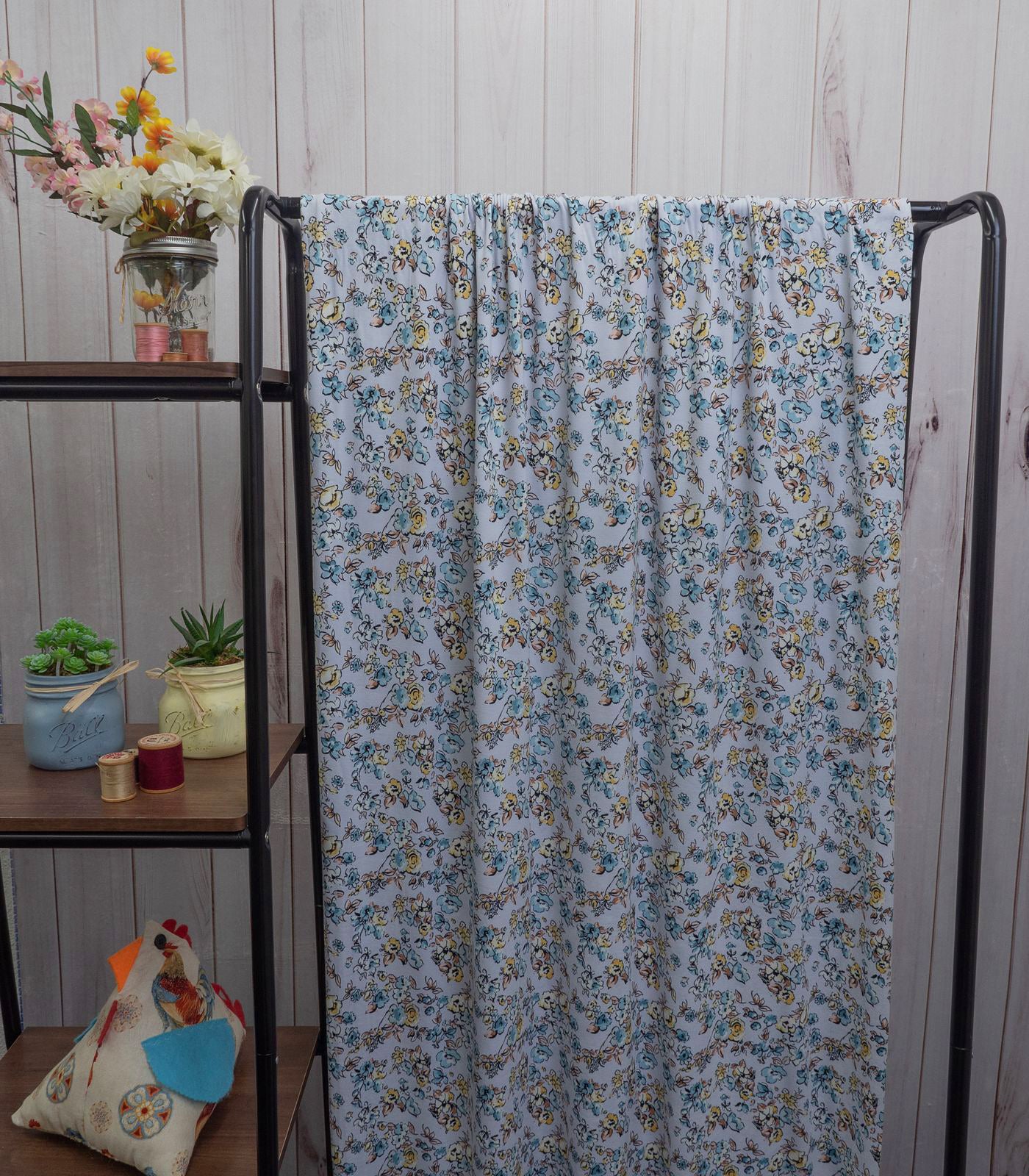 Lilac/Baby Blue/Yellow Ditsy Floral Double Brushed Poly Fabric