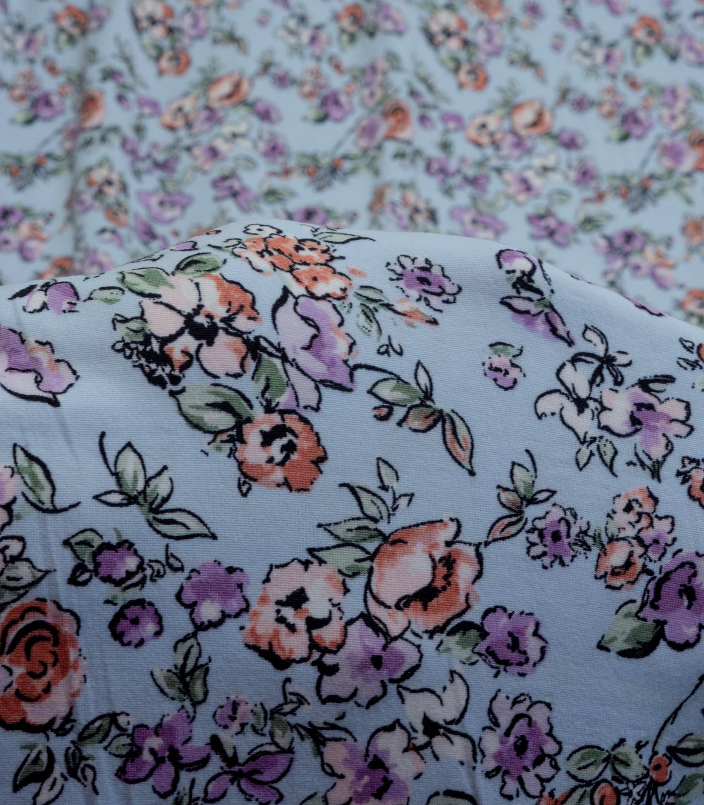 Baby Blue/Lavender/Pink Ditsy Floral Double Brushed Poly Fabric