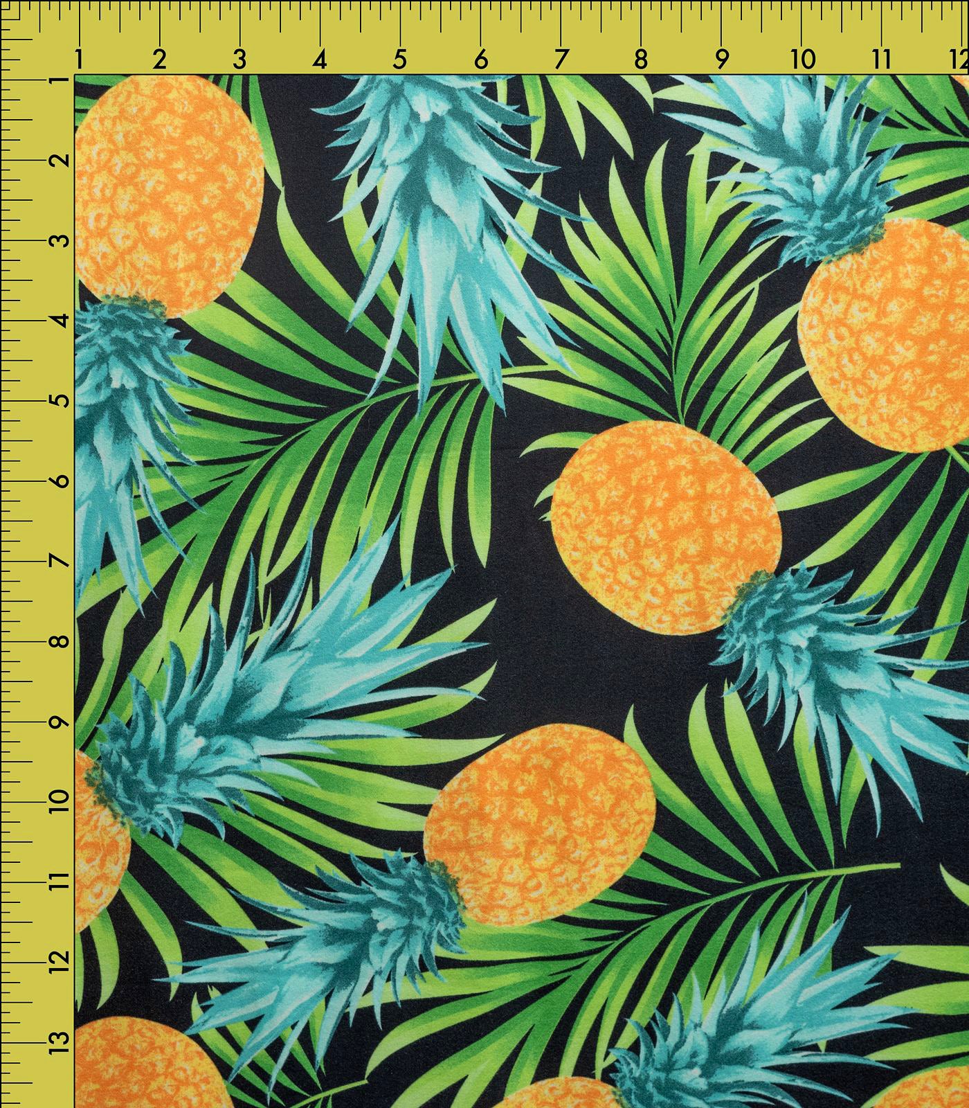 Black/Yellow/Teal Pineapples/Tropical Double Brushed Poly Fabric
