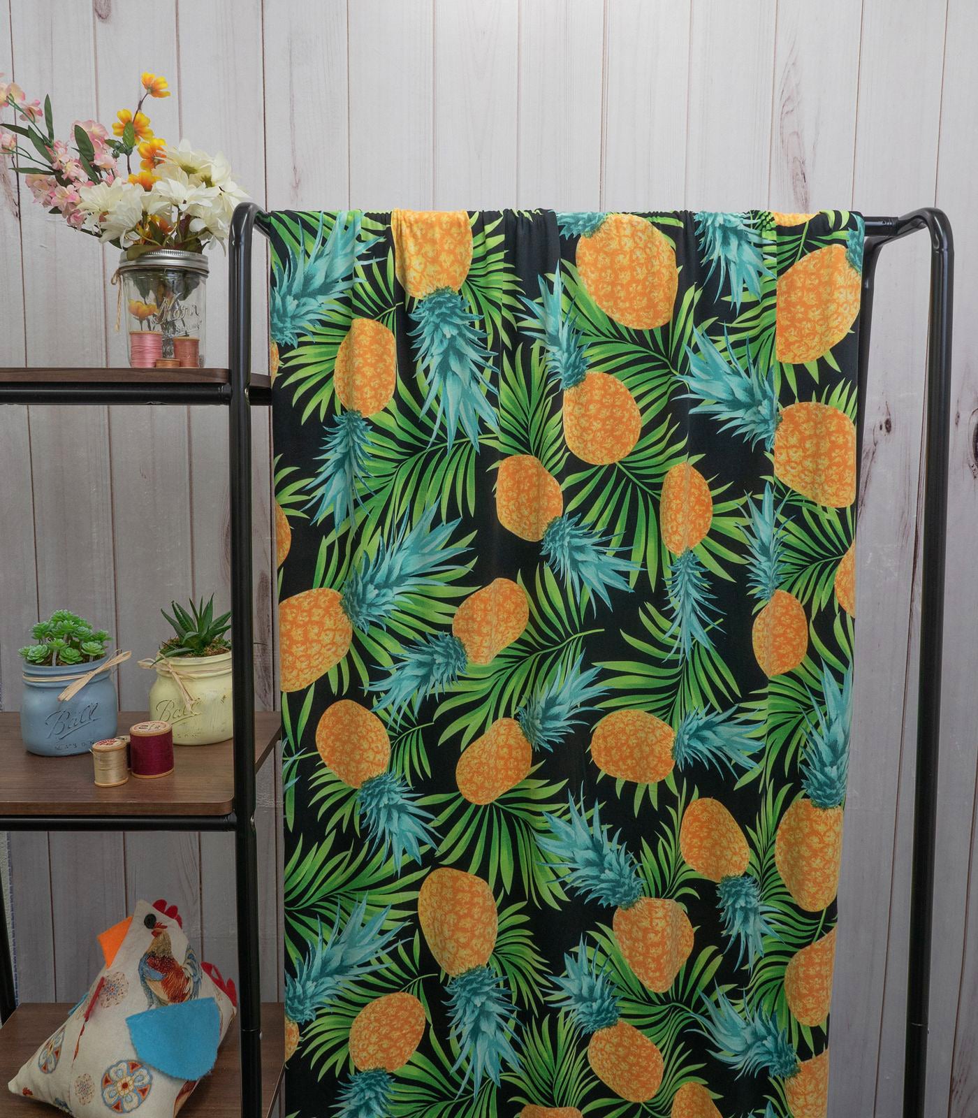 Black/Yellow/Teal Pineapples/Tropical Double Brushed Poly Fabric