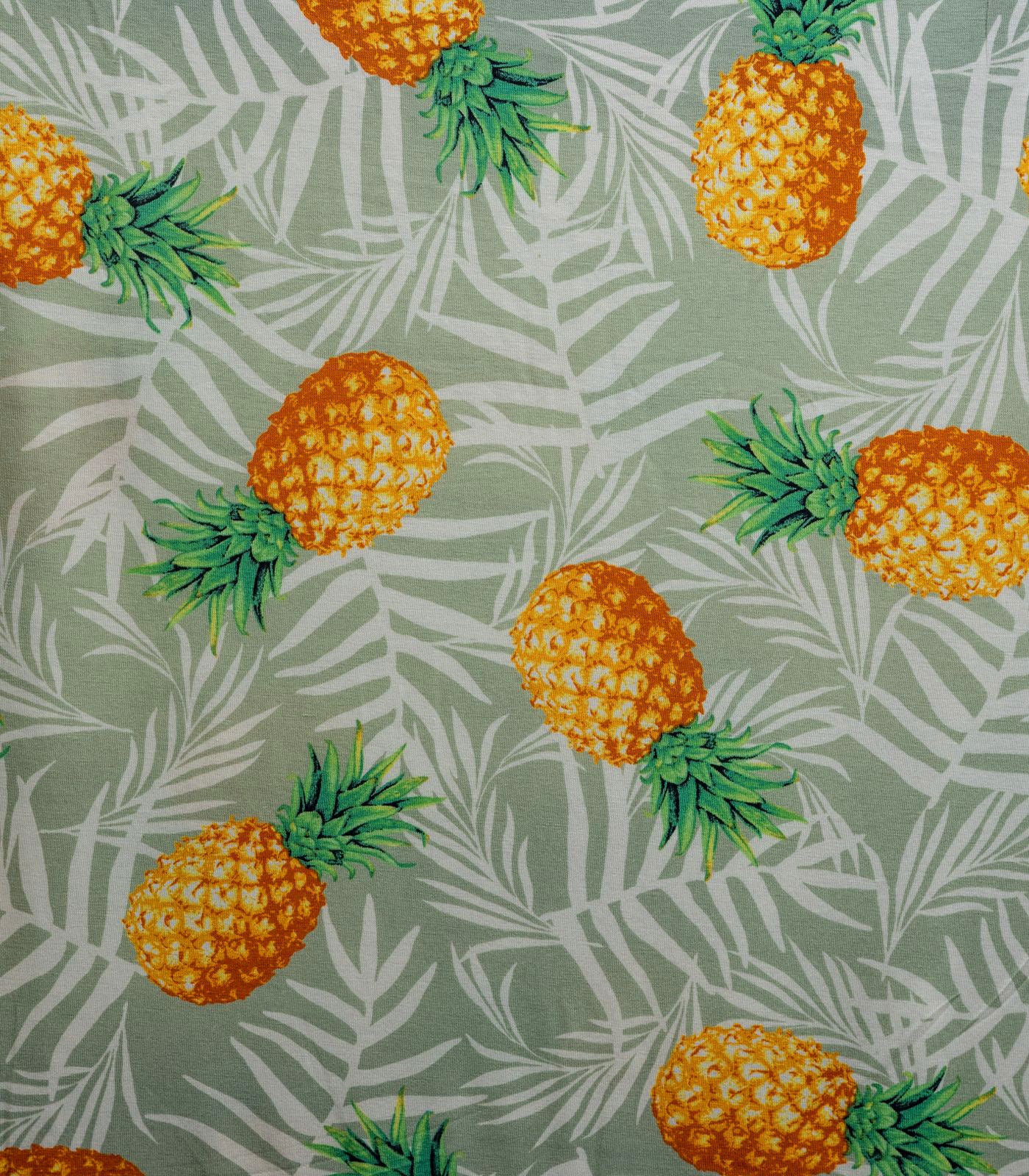 Sage/White/Yellow Pineapples/Tropical Poly Rayon Spandex Fabric