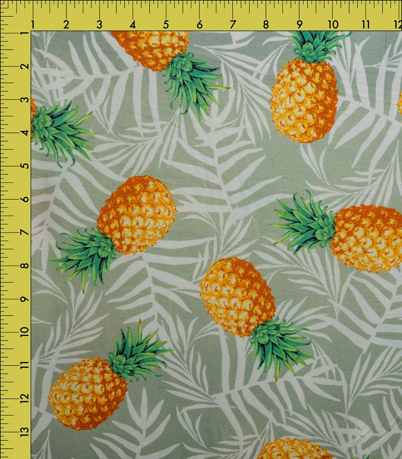 Sage/White/Yellow Pineapples/Tropical Poly Rayon Spandex Fabric