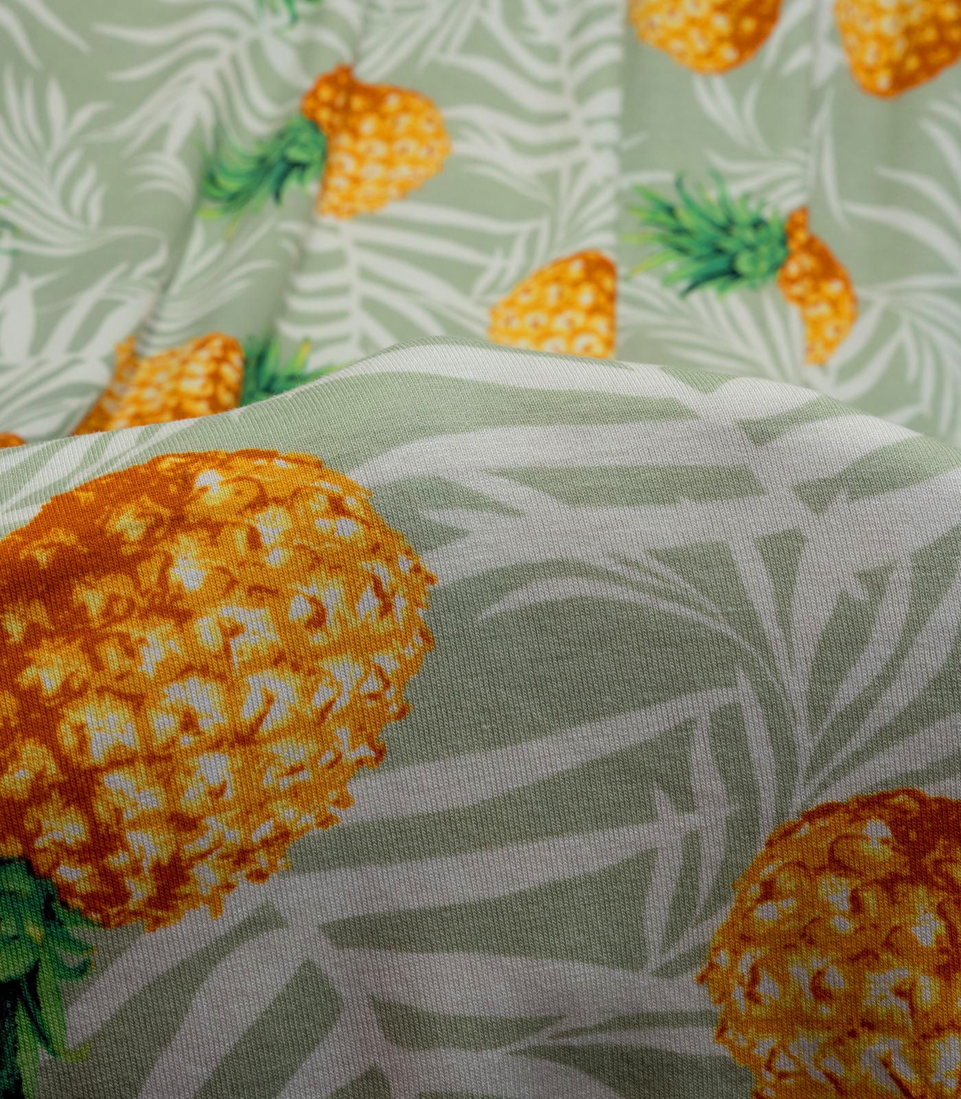 Sage/White/Yellow Pineapples/Tropical Poly Rayon Spandex Fabric