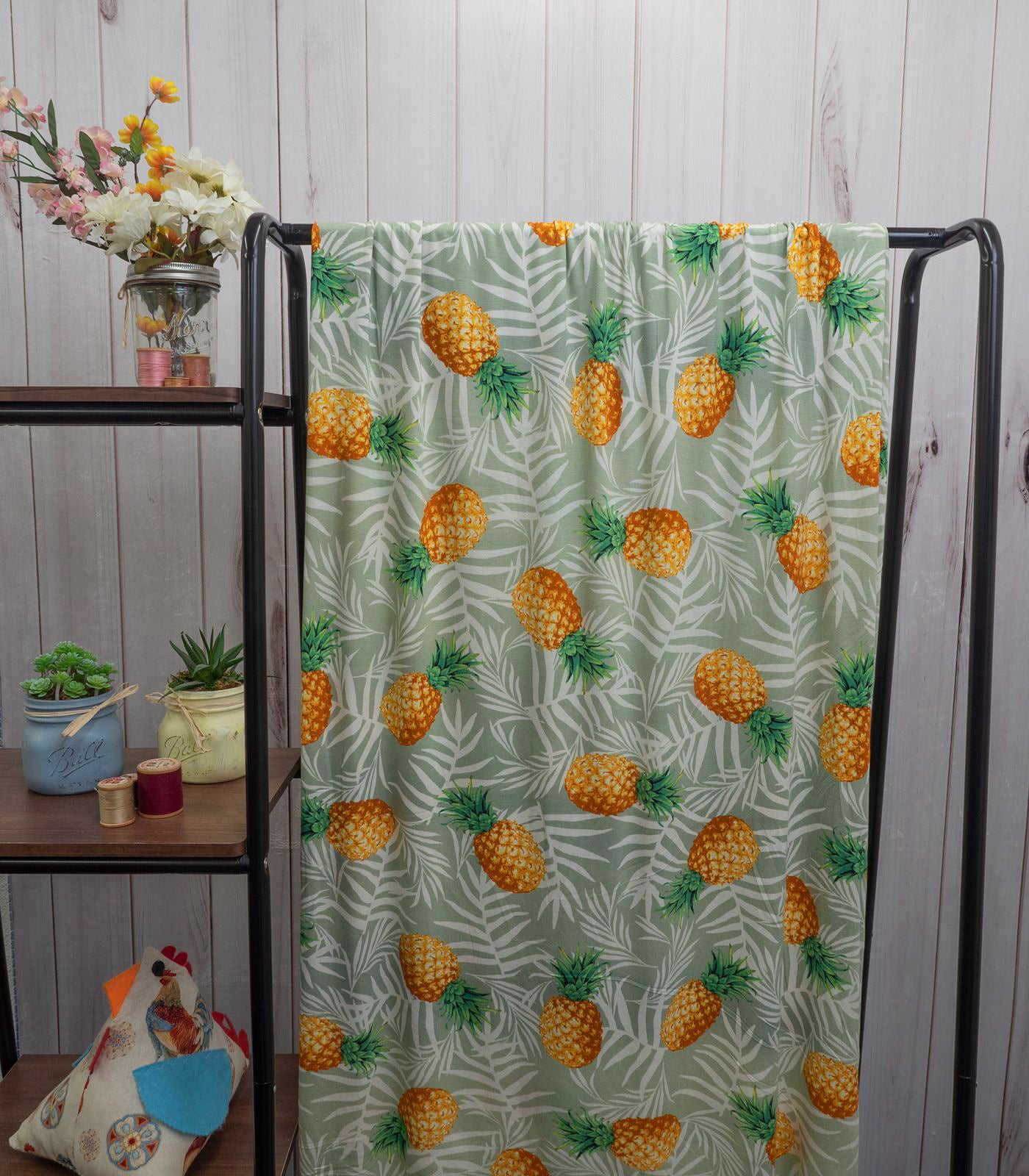 Sage/White/Yellow Pineapples/Tropical Poly Rayon Spandex Fabric