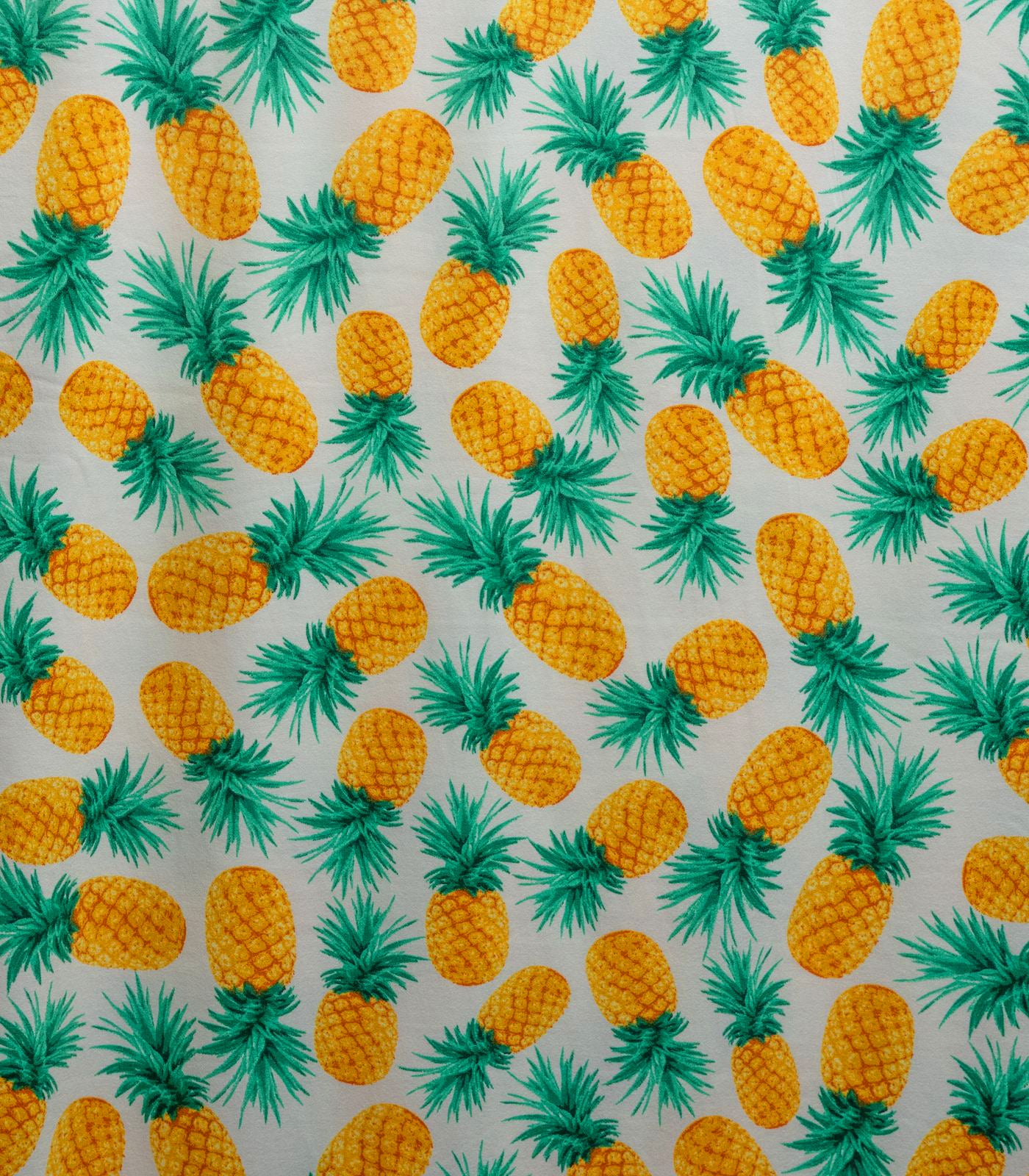 White/Yellow/Green Pineapples/Tropical Double Brushed Poly Fabric