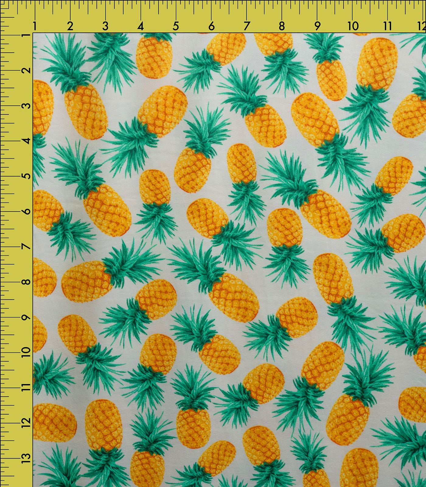 White/Yellow/Green Pineapples/Tropical Double Brushed Poly Fabric