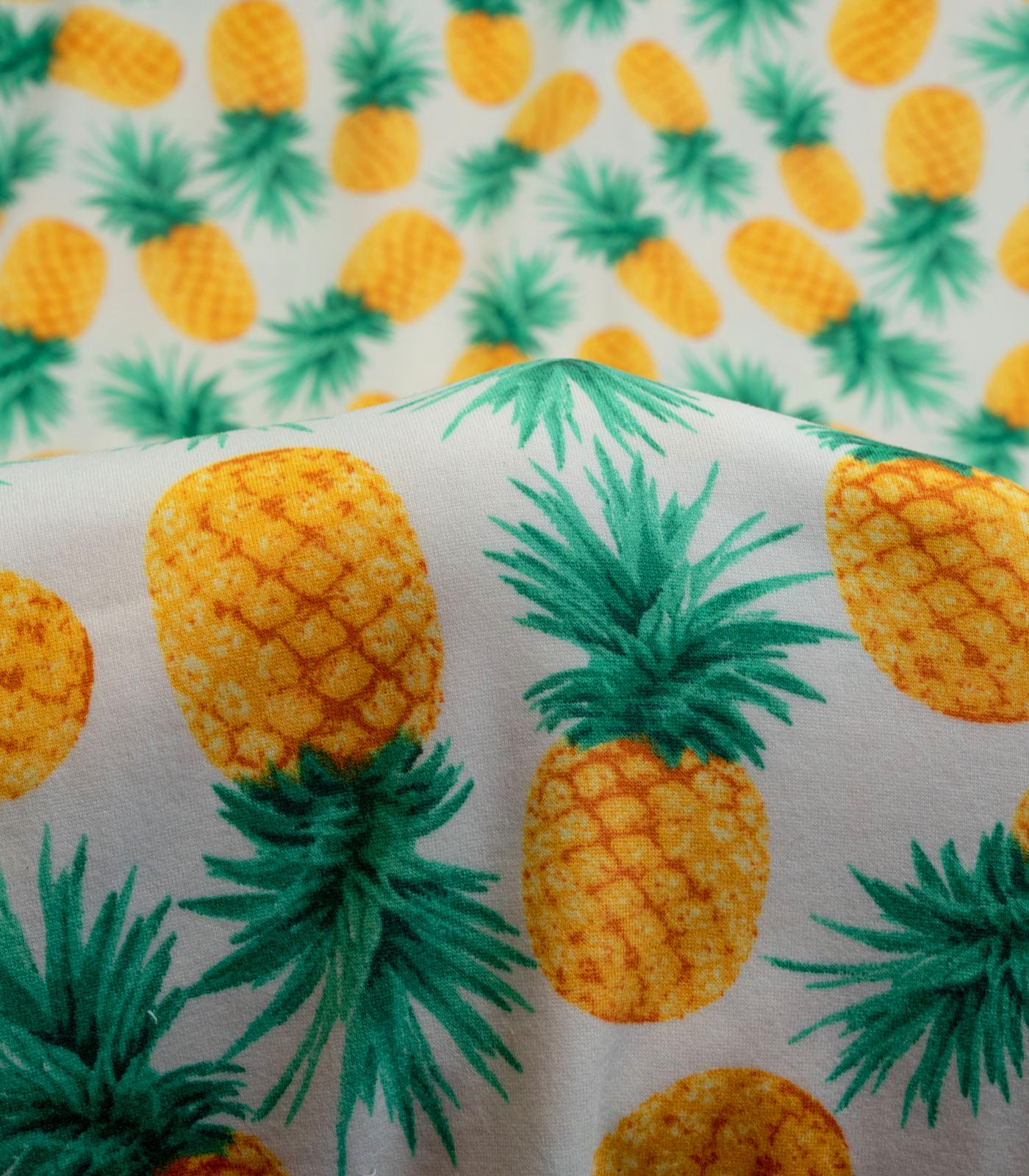 White/Yellow/Green Pineapples/Tropical Double Brushed Poly Fabric