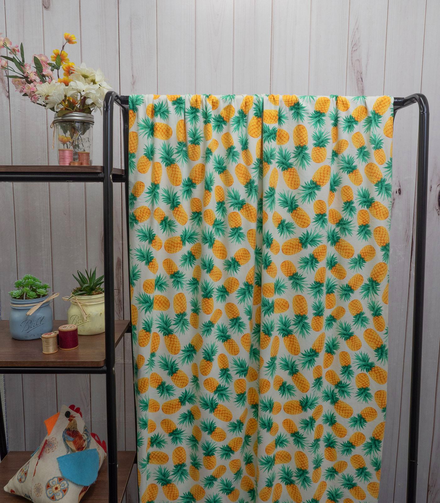 White/Yellow/Green Pineapples/Tropical Double Brushed Poly Fabric