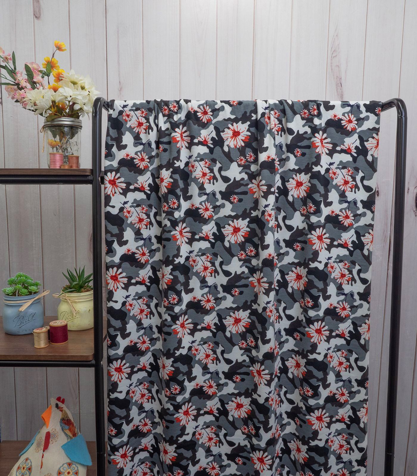 Black/Red/White Camo/Roses French Terry Fabric