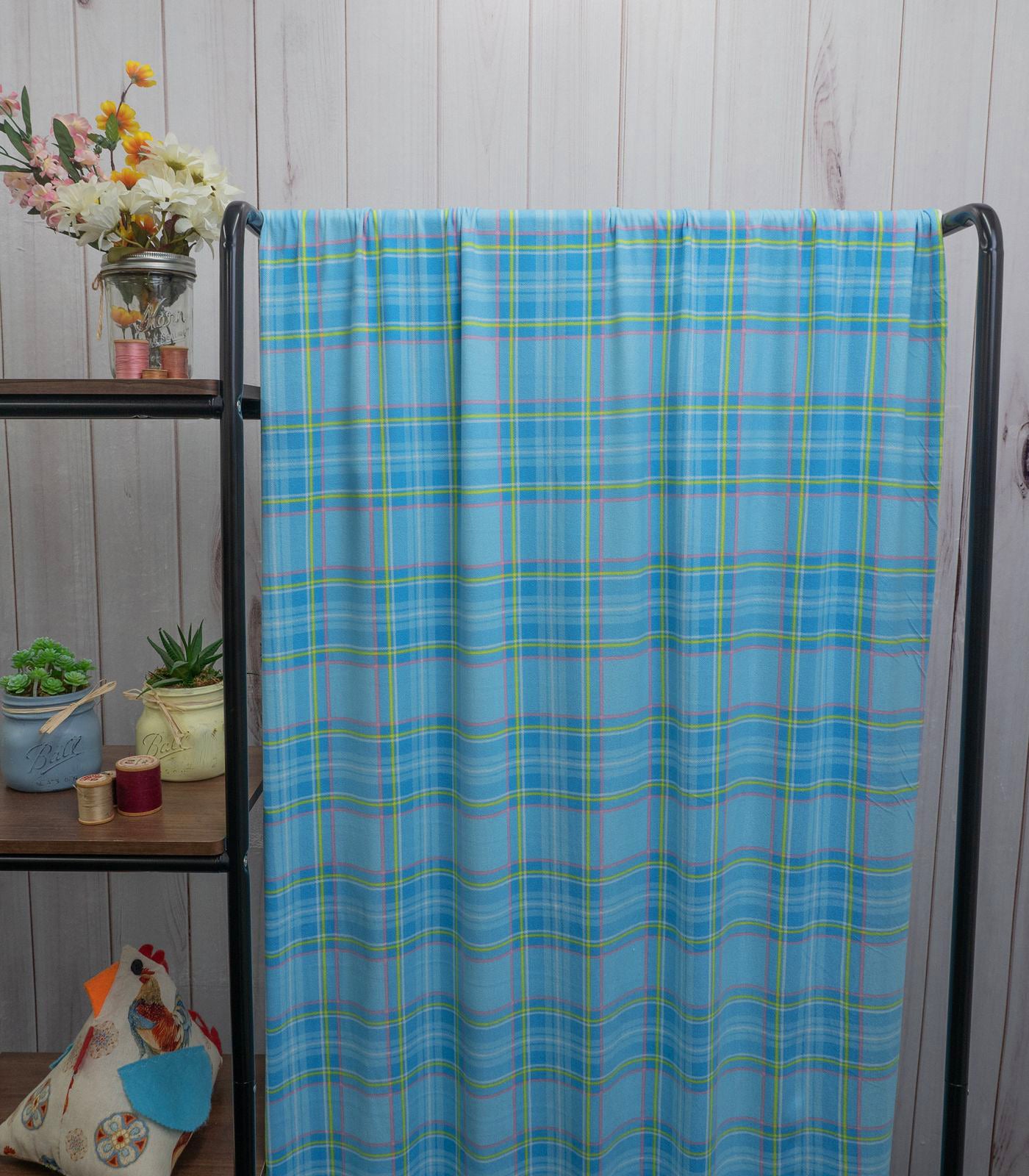 Baby Blue/Pink/Lime Green Plaid Hacci Sweater Knit Fabric