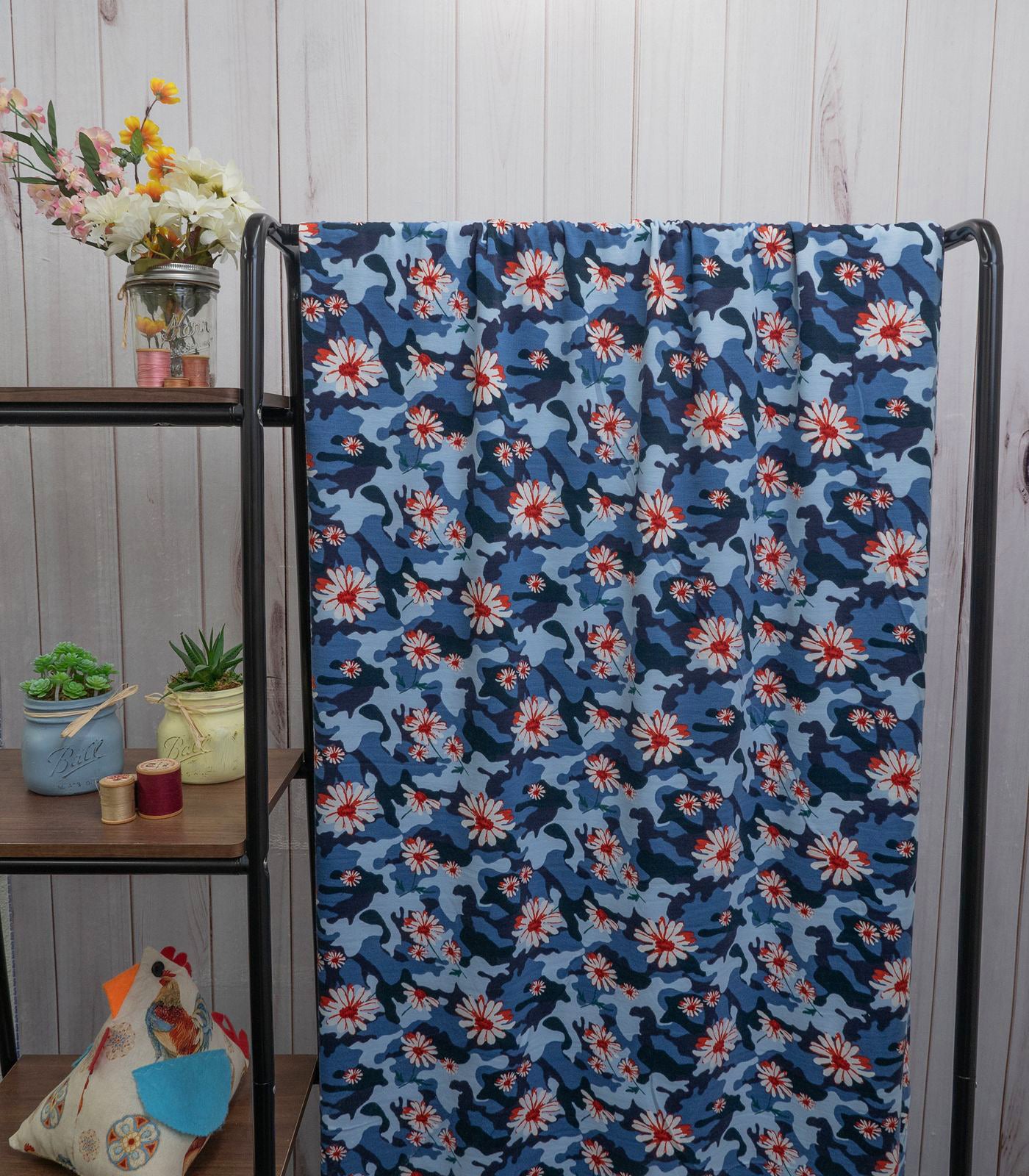 Navy/Red/Sky Blue Camo/Roses French Terry Fabric