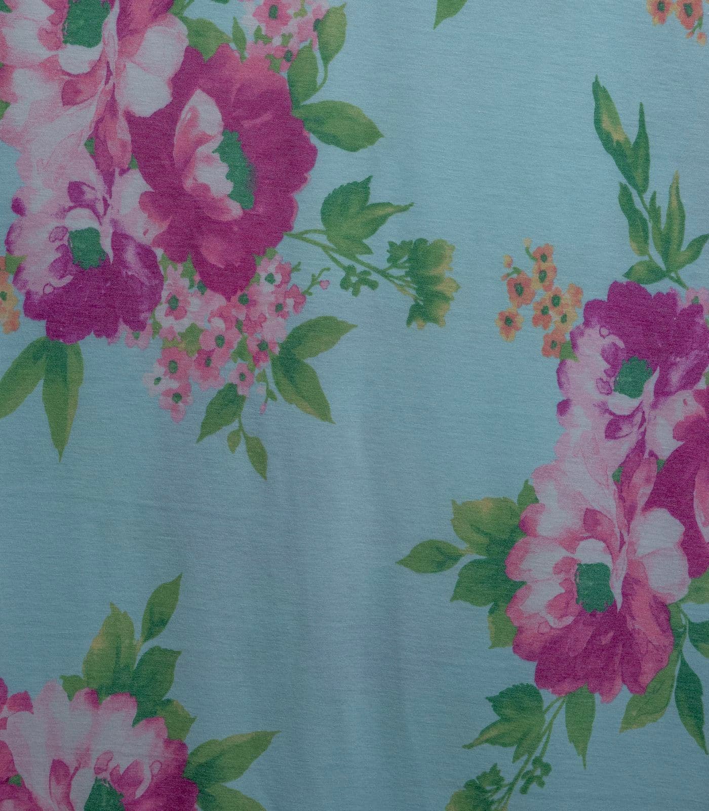 Aqua/Blue/Peach Floral Double Brushed Poly Fabric