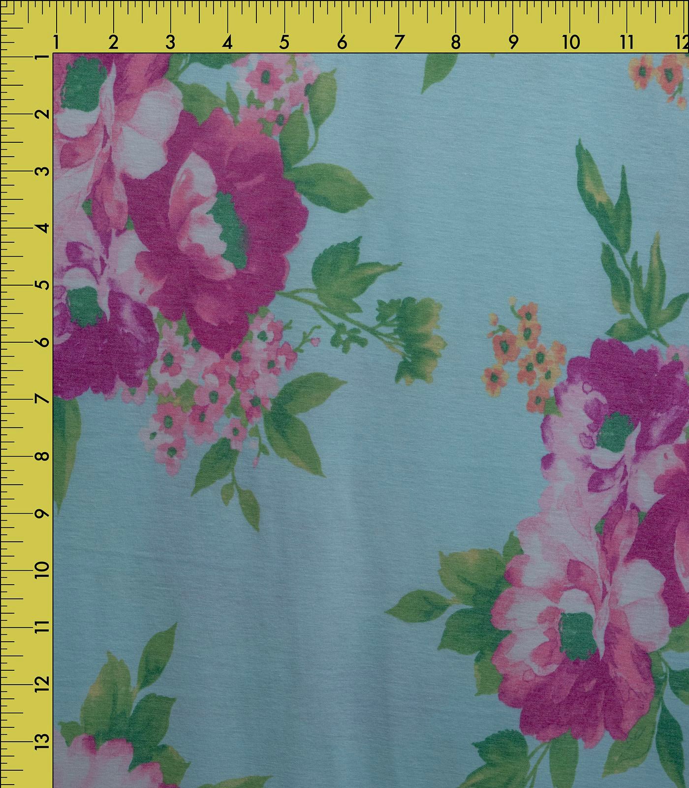 Aqua/Blue/Peach Floral Double Brushed Poly Fabric