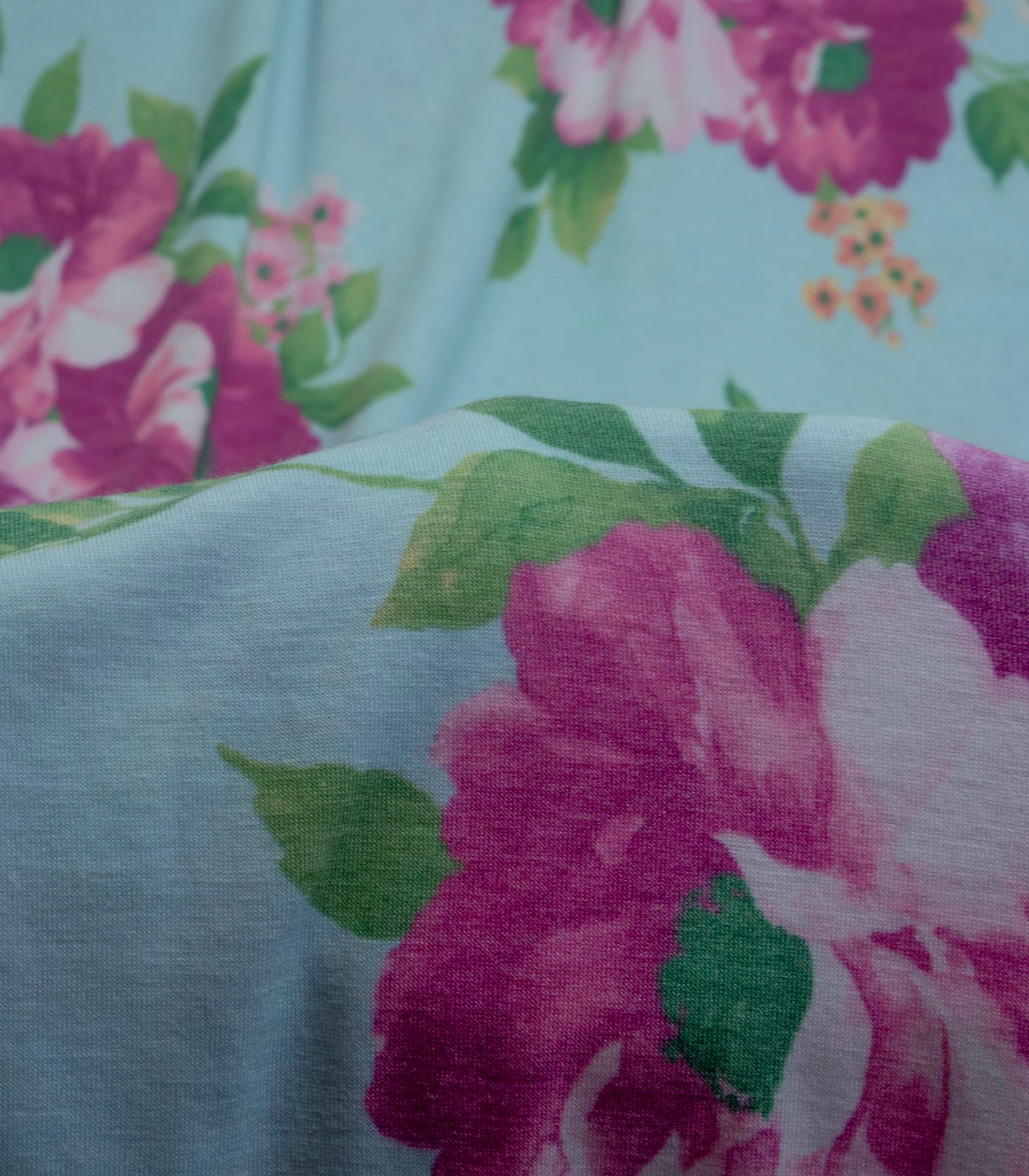 Aqua/Blue/Peach Floral Double Brushed Poly Fabric