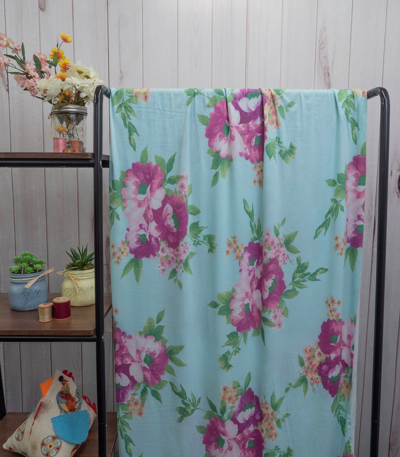 Aqua/Blue/Peach Floral Double Brushed Poly Fabric