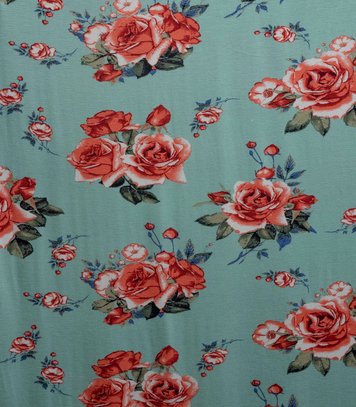 Mint/Coral/Green Roses/Flowers Rayon Spandex Fabric