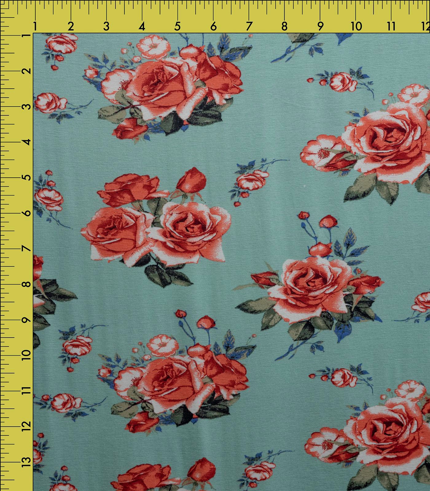 Mint/Coral/Green Roses/Flowers Rayon Spandex Fabric