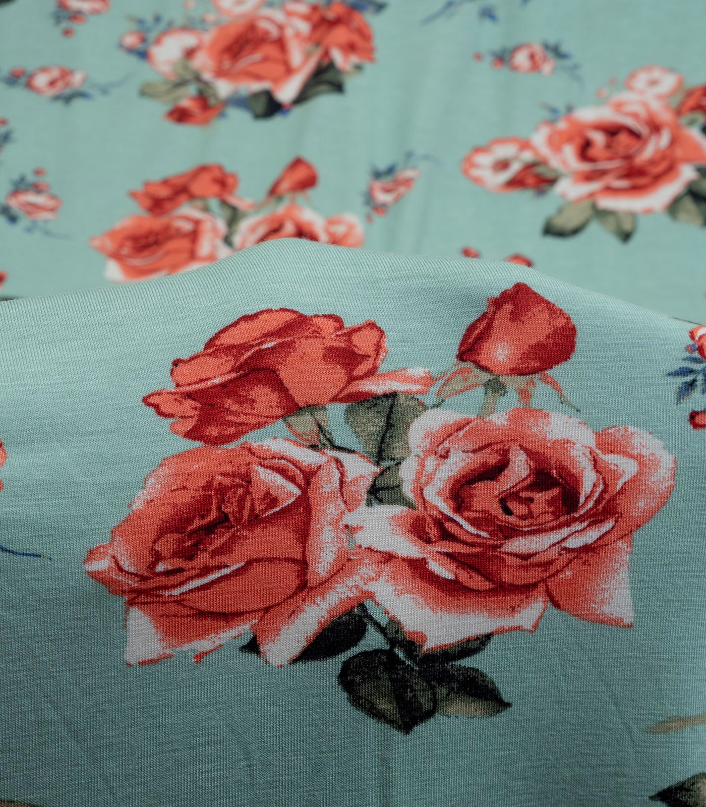Mint/Coral/Green Roses/Flowers Rayon Spandex Fabric