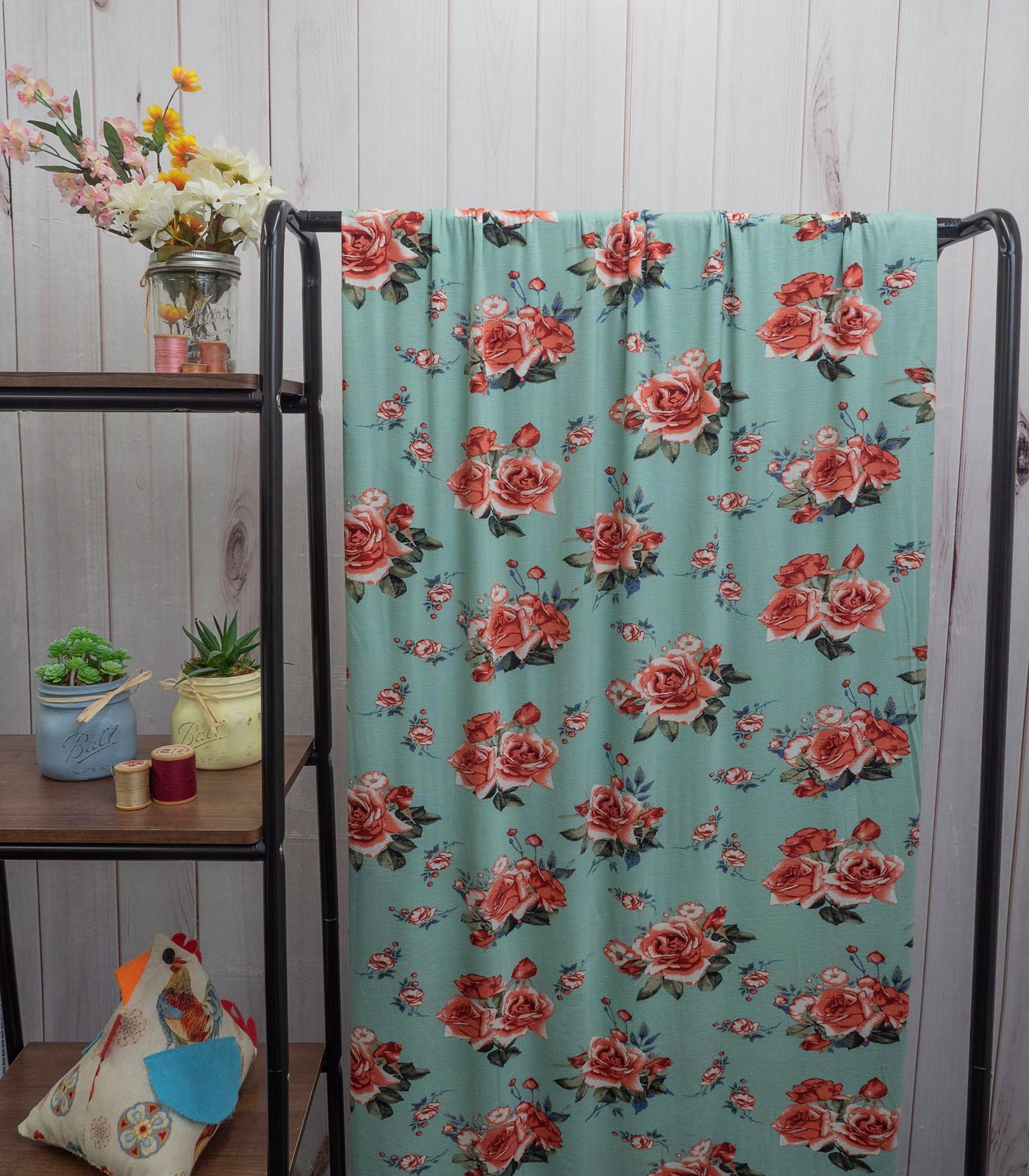 Mint/Coral/Green Roses/Flowers Rayon Spandex Fabric
