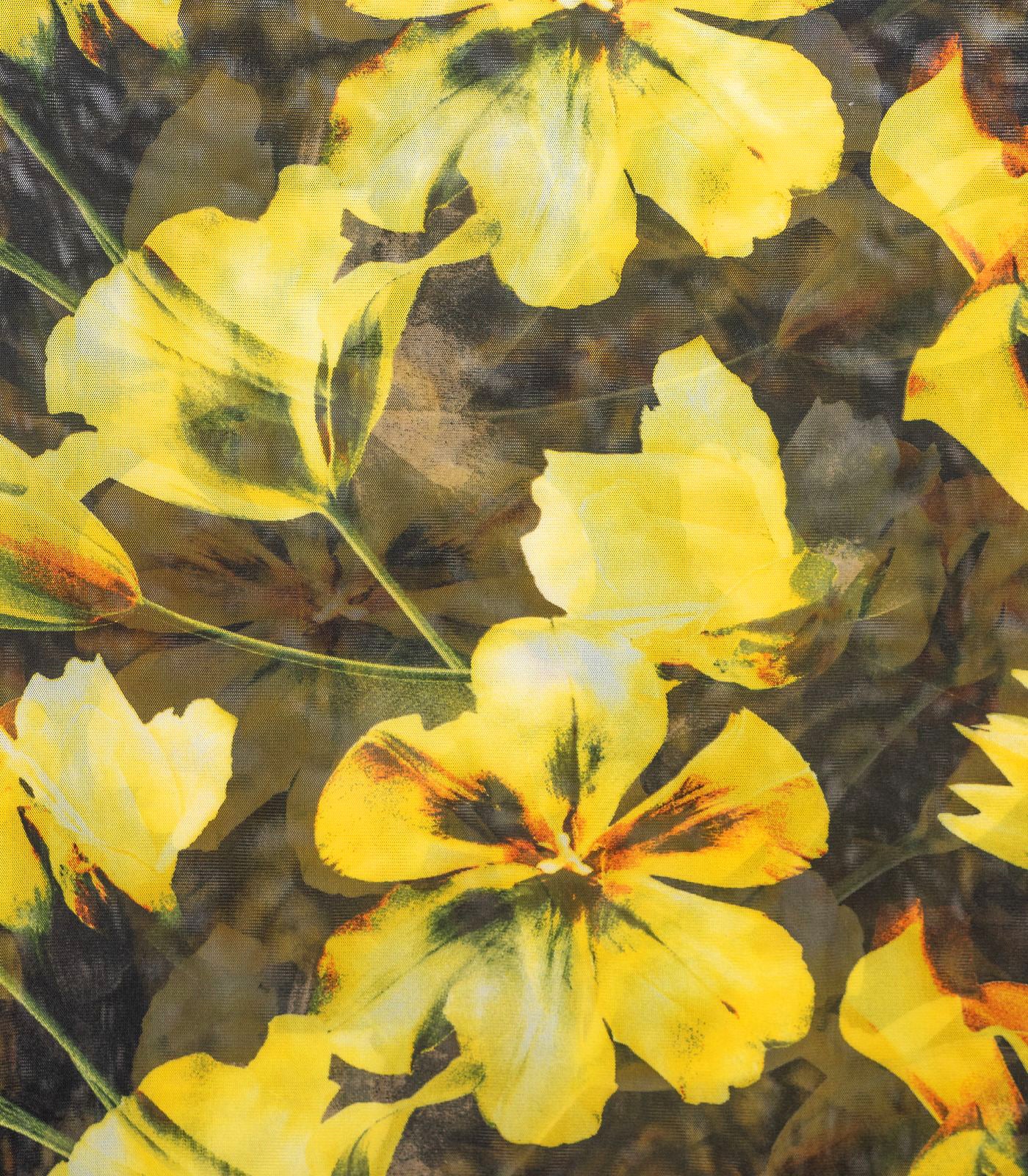 Black/Yellow Floral Power Mesh Fabric