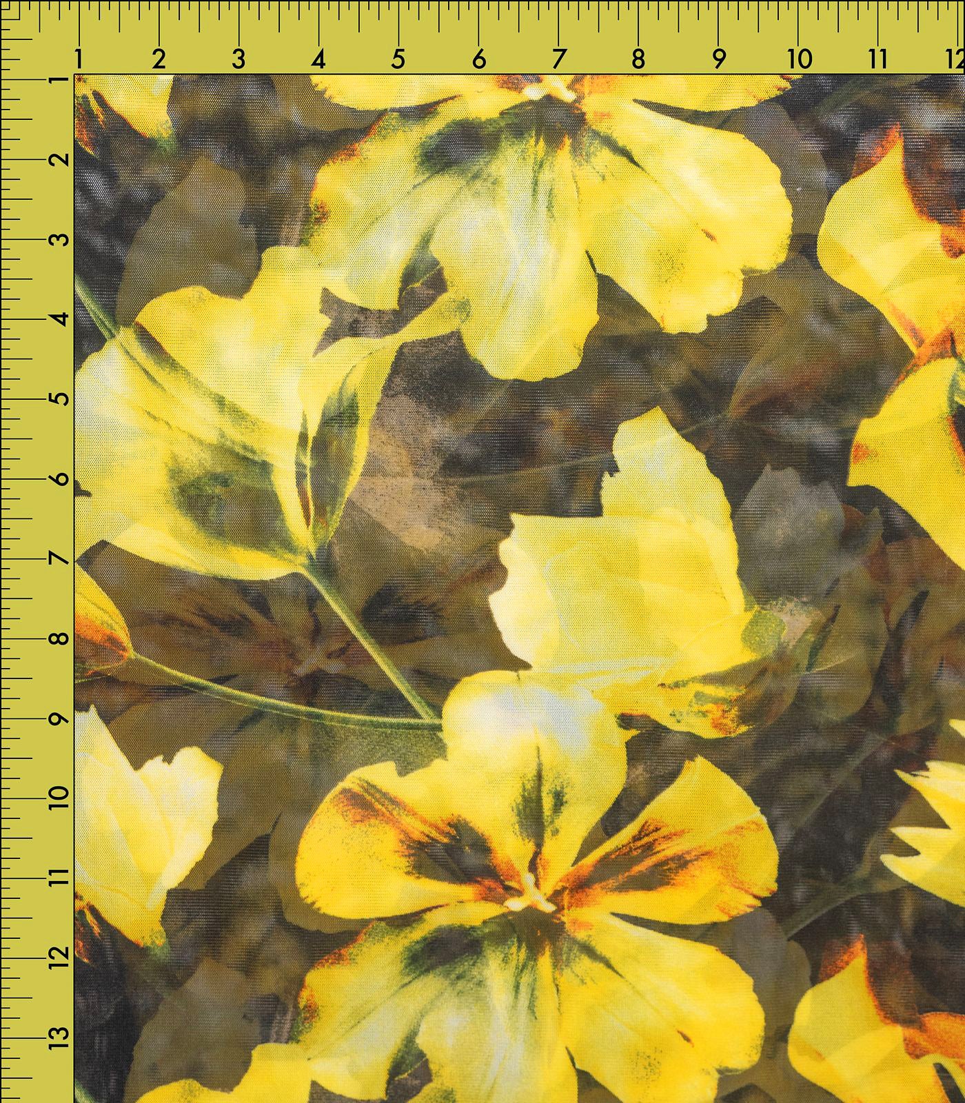 Black/Yellow Floral Power Mesh Fabric