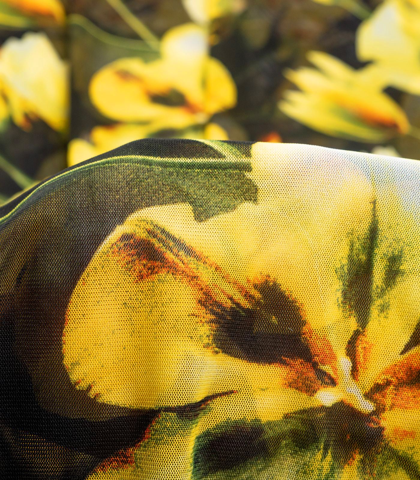 Black/Yellow Floral Power Mesh Fabric