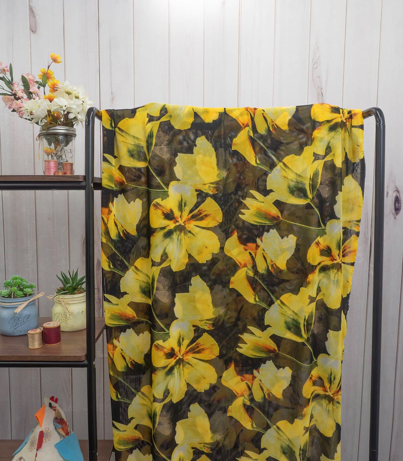 Black/Yellow Floral Power Mesh Fabric