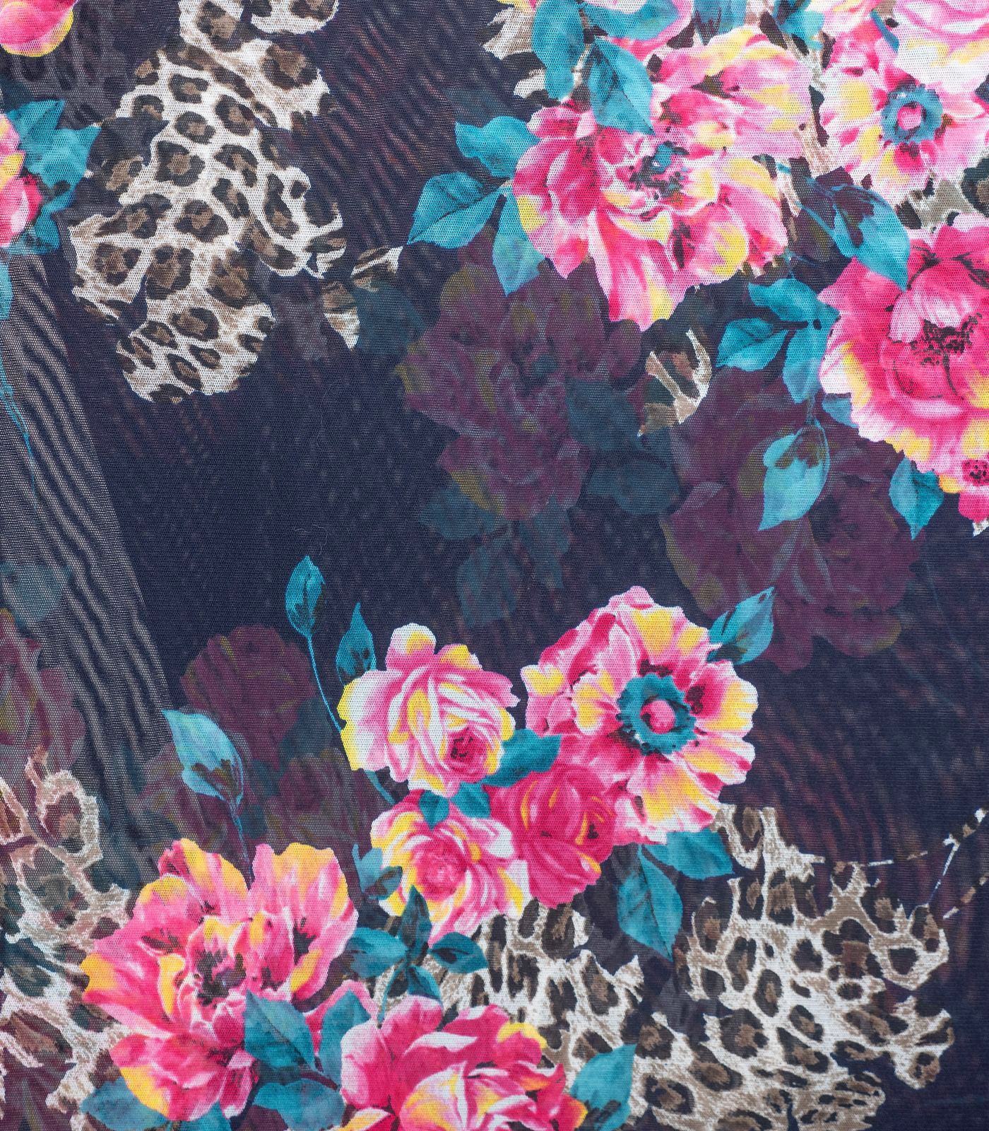 Black/Baby Pink/Teal Floral/Leopard Power Mesh Fabric