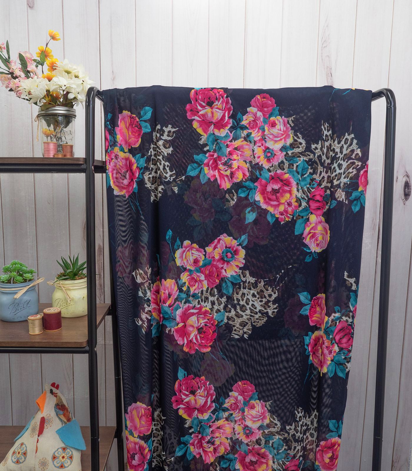 Black/Baby Pink/Teal Floral/Leopard Power Mesh Fabric