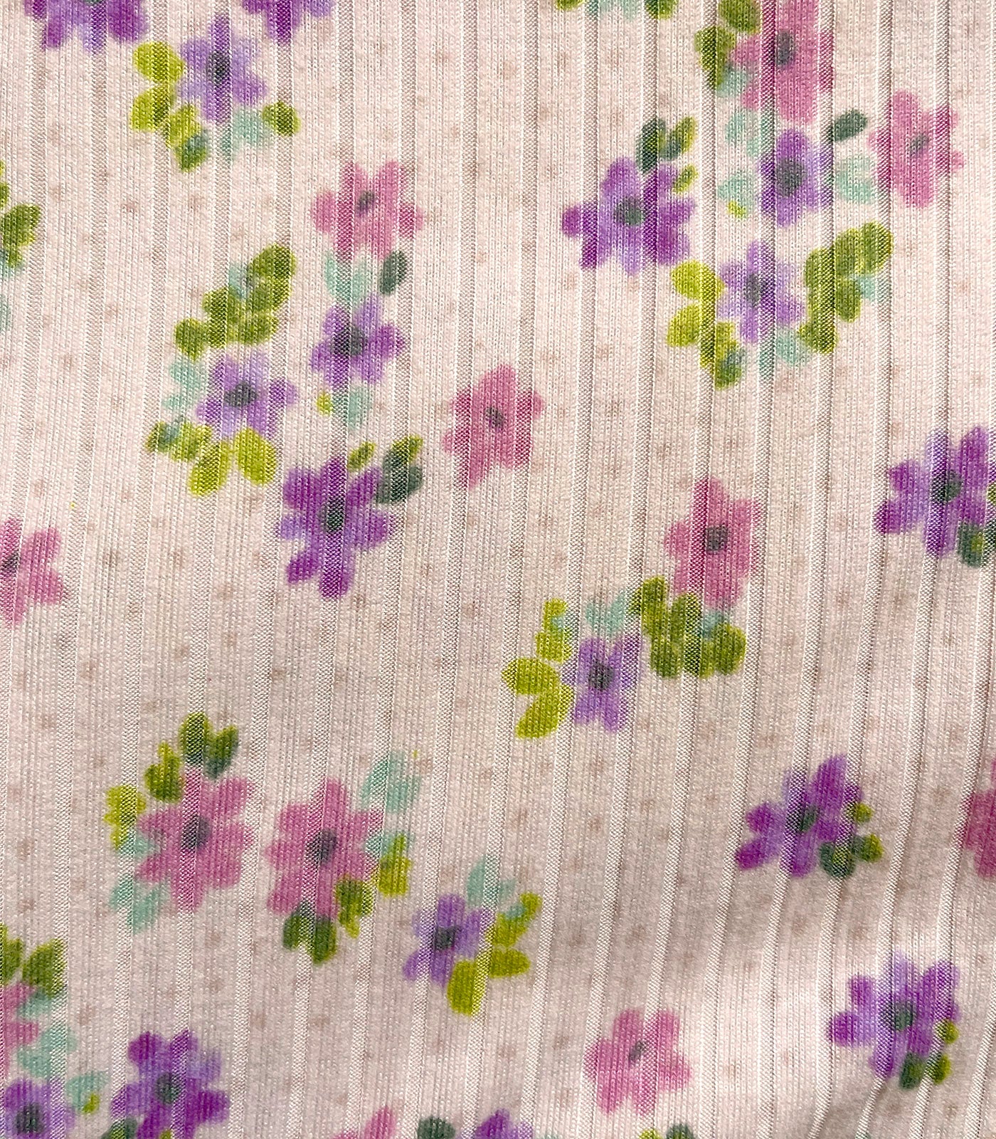 Light Pink/Purple Ditsy Floral/Polka Dot Ribbed Knit (8x2 Brushed) Fabric