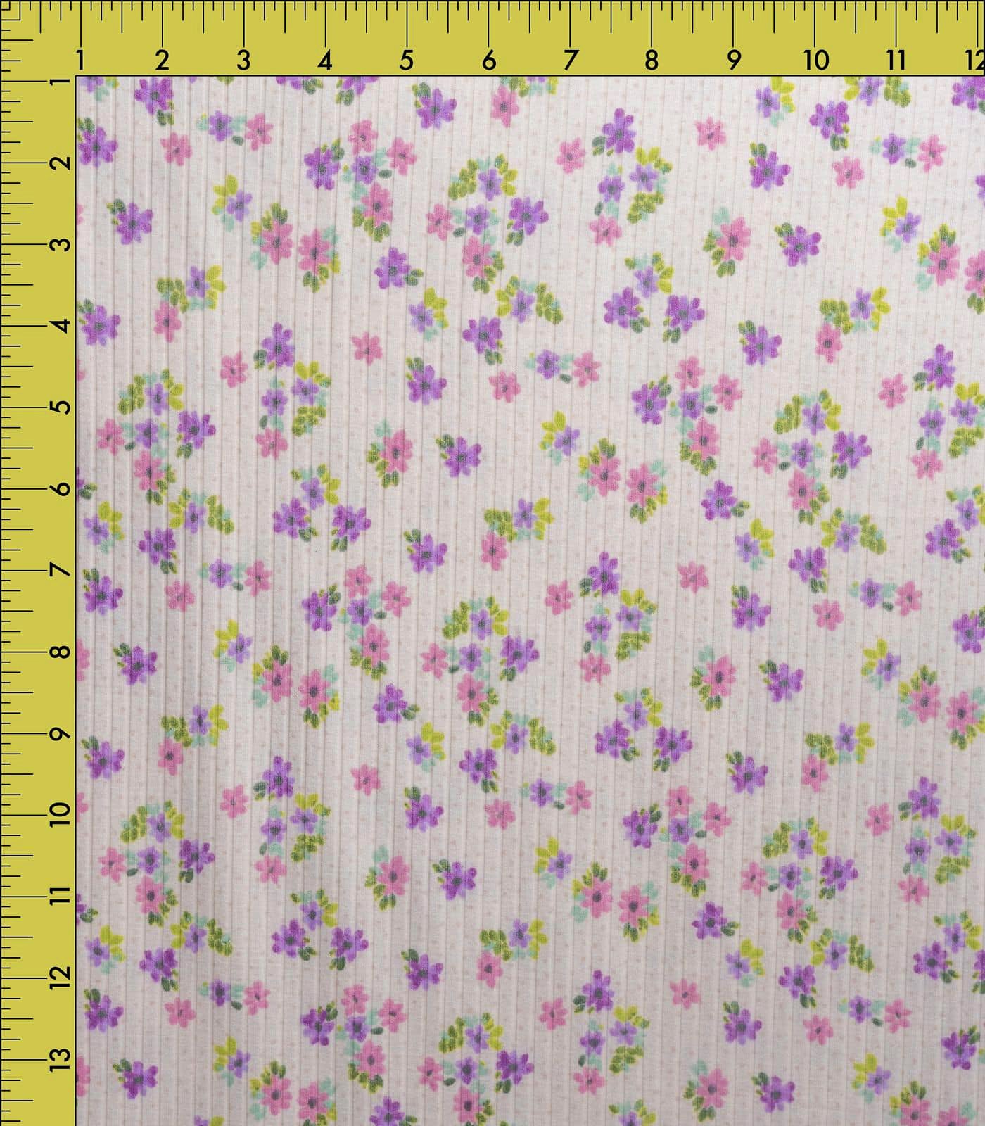 Light Pink/Purple Ditsy Floral/Polka Dot Ribbed Knit (8x2 Brushed) Fabric