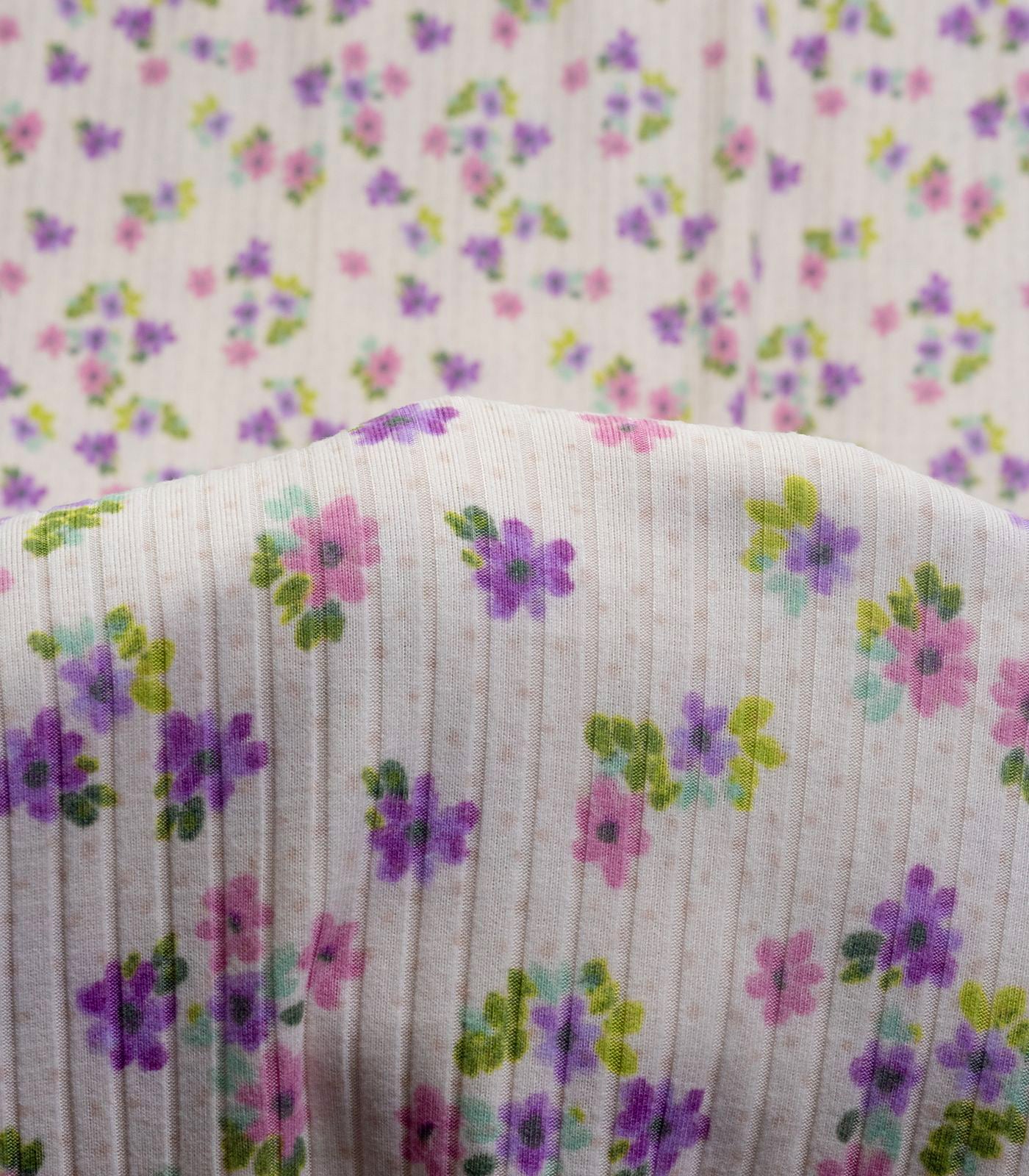 Light Pink/Purple Ditsy Floral/Polka Dot Ribbed Knit (8x2 Brushed) Fabric