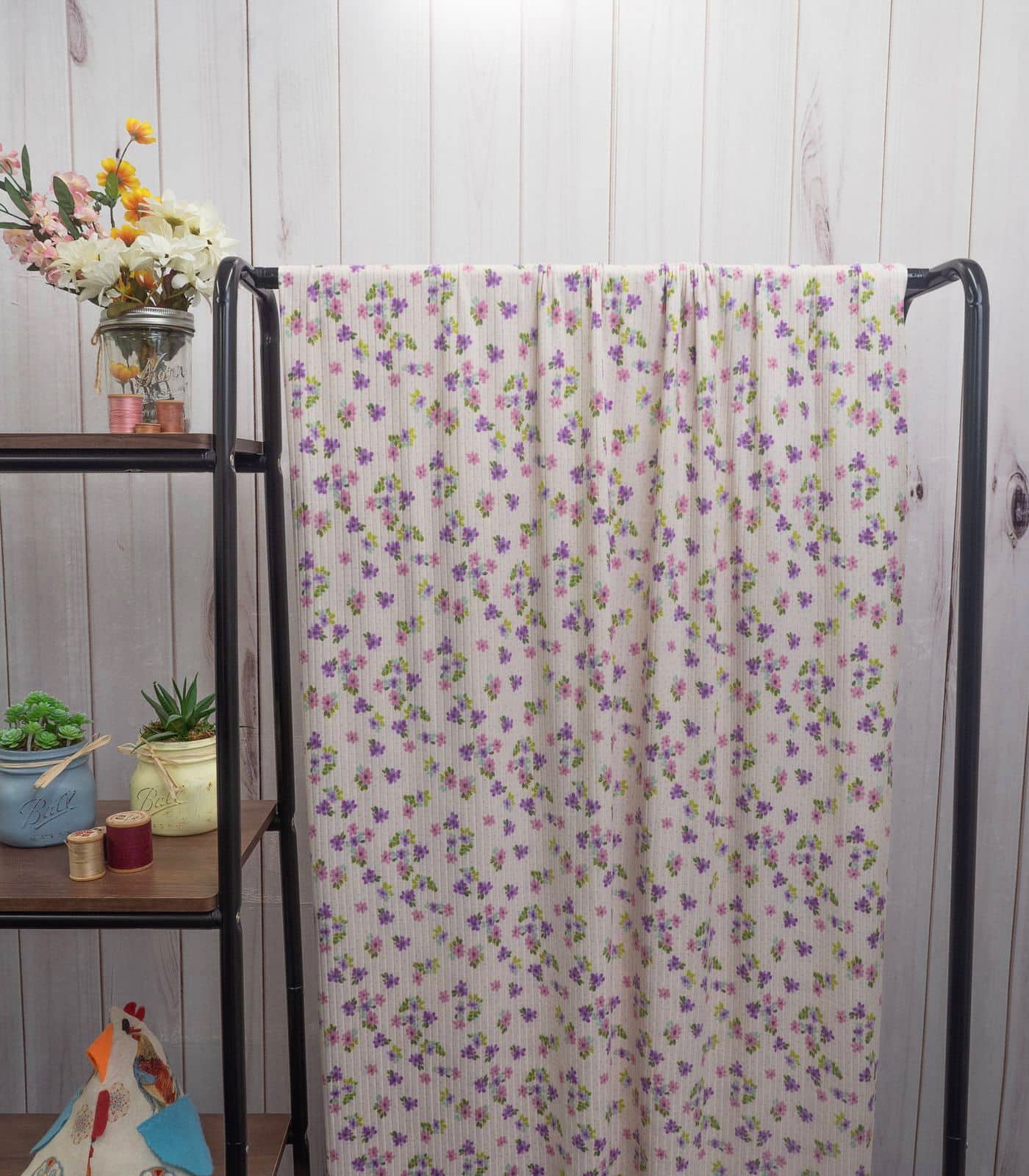 Light Pink/Purple Ditsy Floral/Polka Dot Ribbed Knit (8x2 Brushed) Fabric