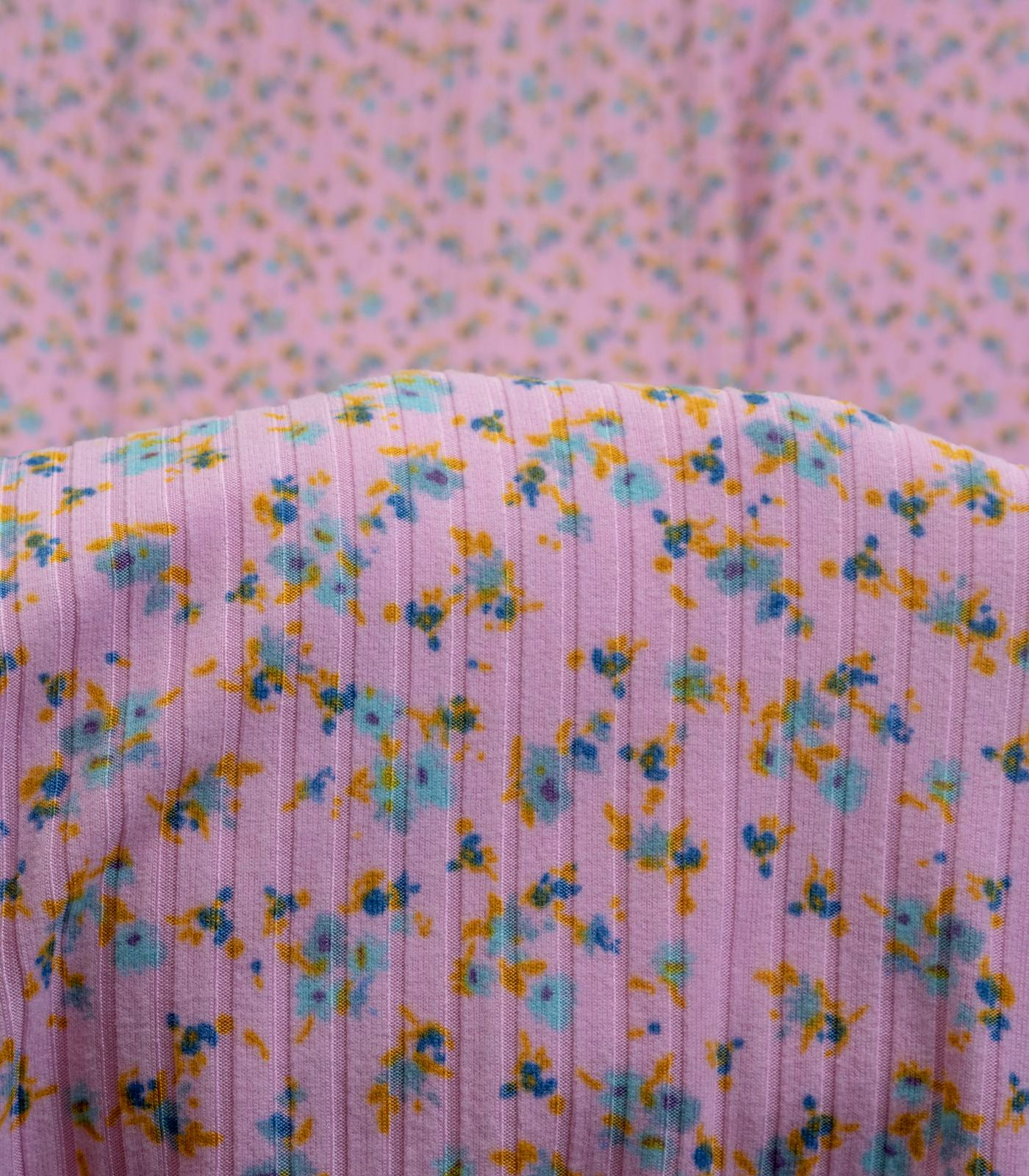 Pink/Teal/Mustard Ditsy Floral Ribbed Knit (8x2 Brushed) Fabric