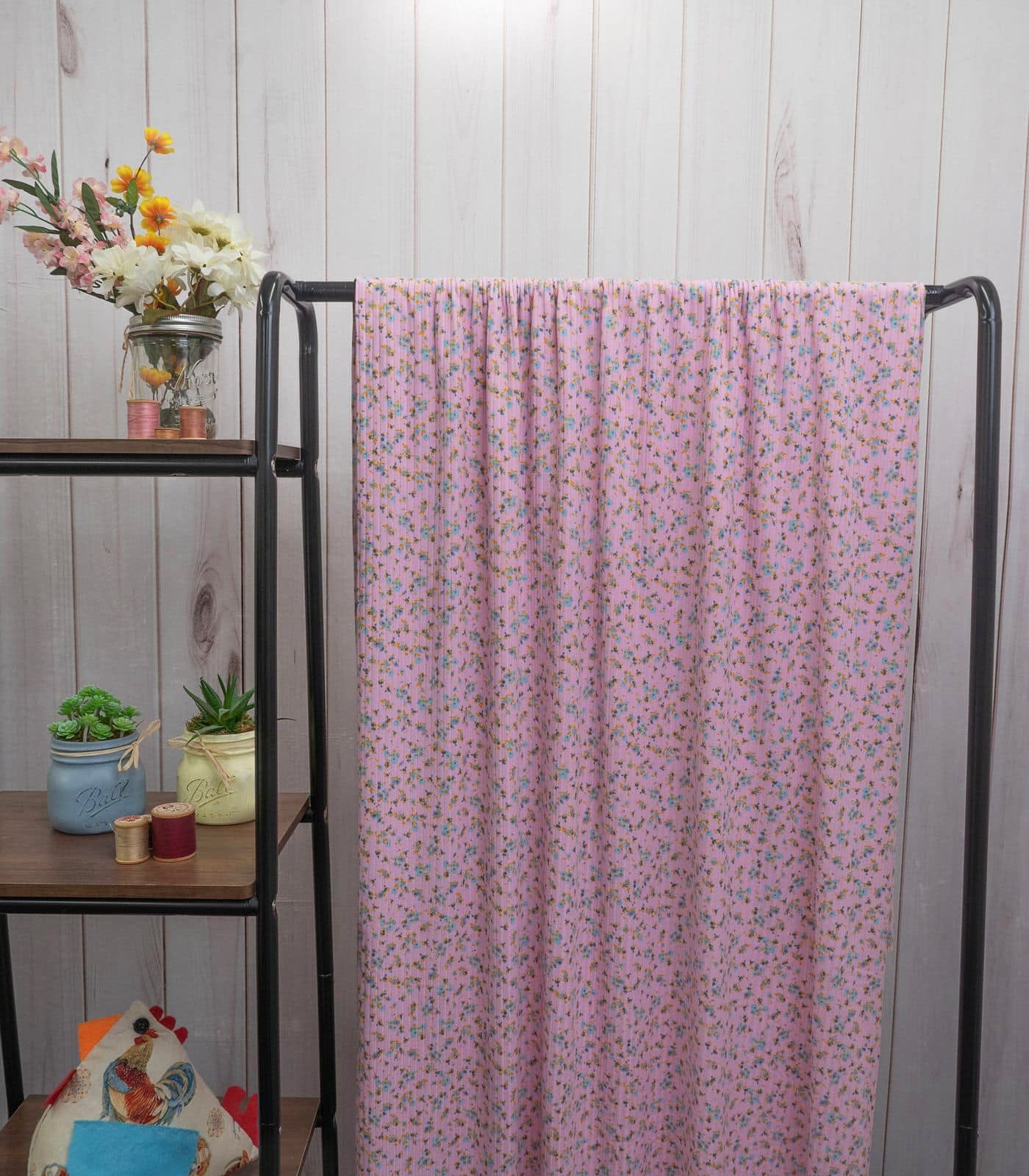 Pink/Teal/Mustard Ditsy Floral Ribbed Knit (8x2 Brushed) Fabric