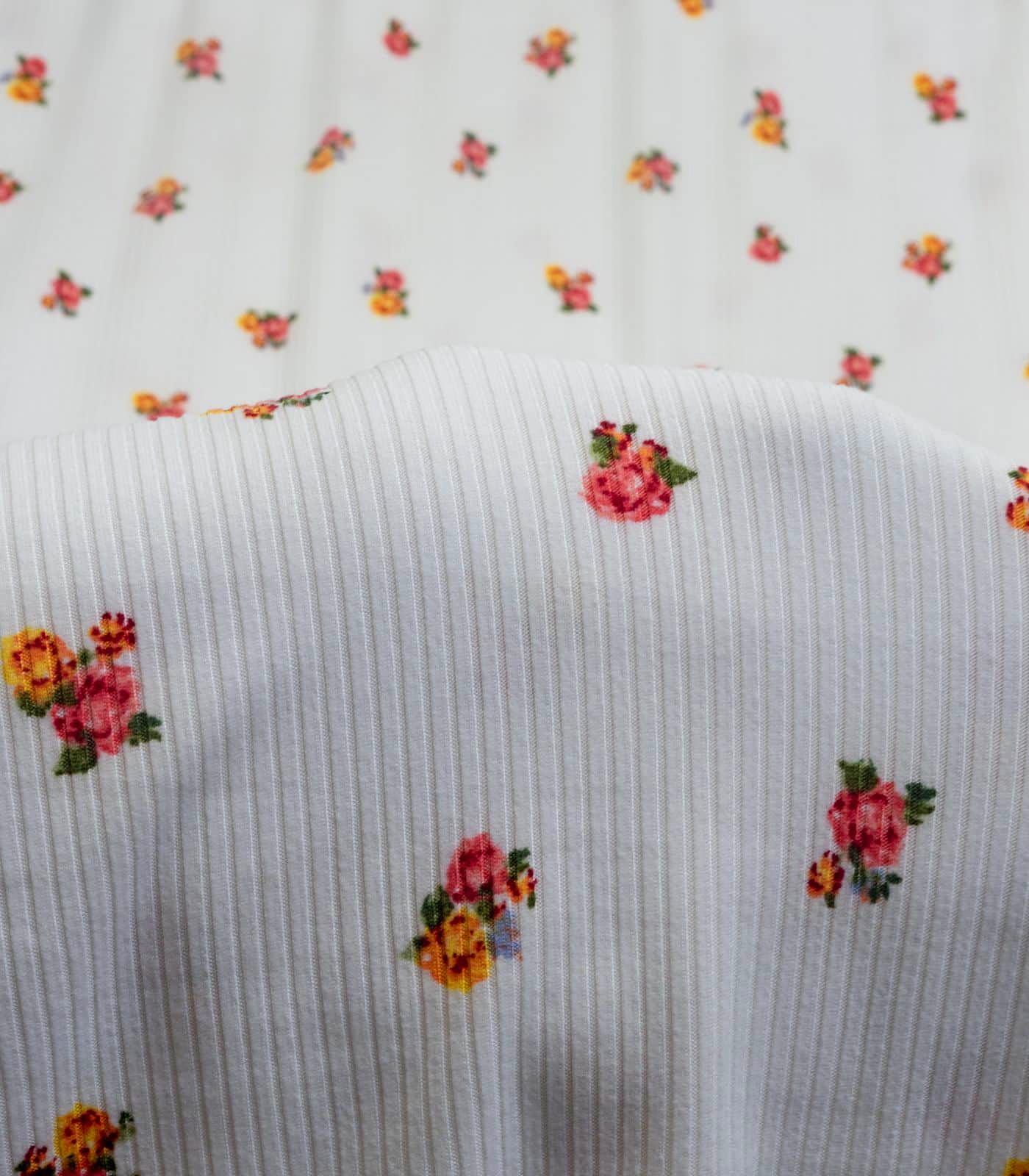 Ivory/Pink/Yellow Ditsy Floral Ribbed Knit (4x2) Fabric