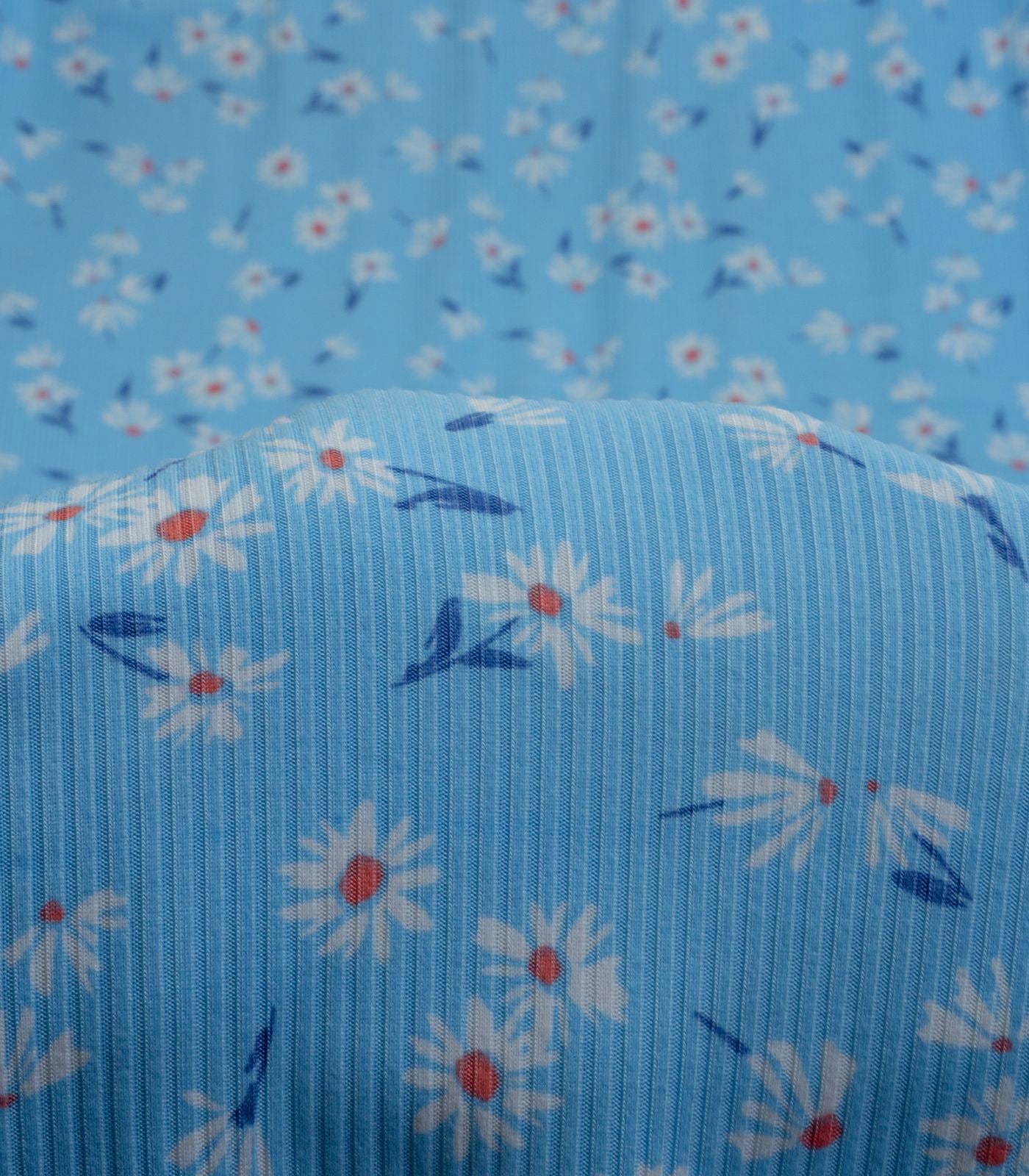 Blue/White/Red Ditsy Floral Ribbed Knit (4x2) Fabric