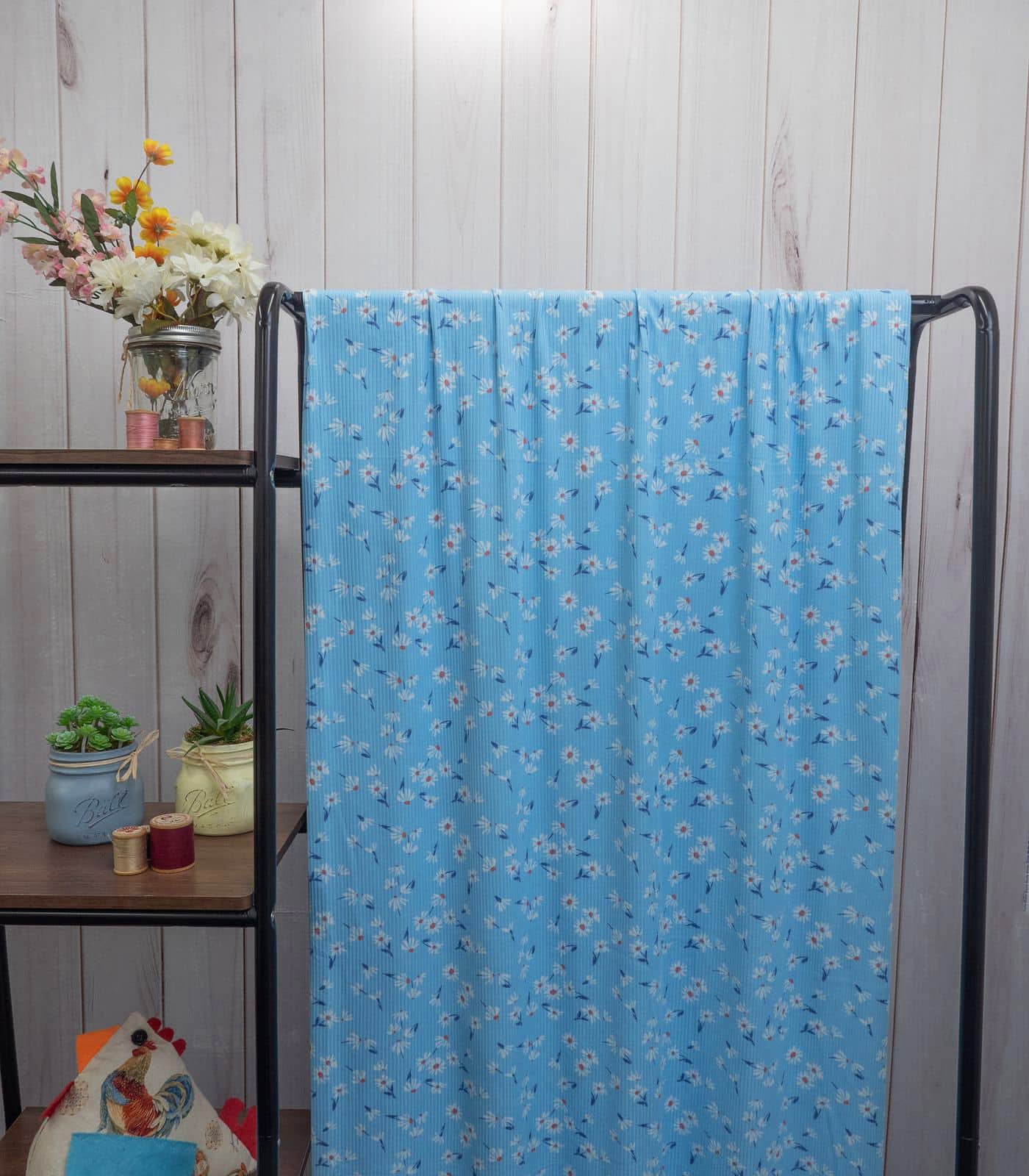 Blue/White/Red Ditsy Floral Ribbed Knit (4x2) Fabric