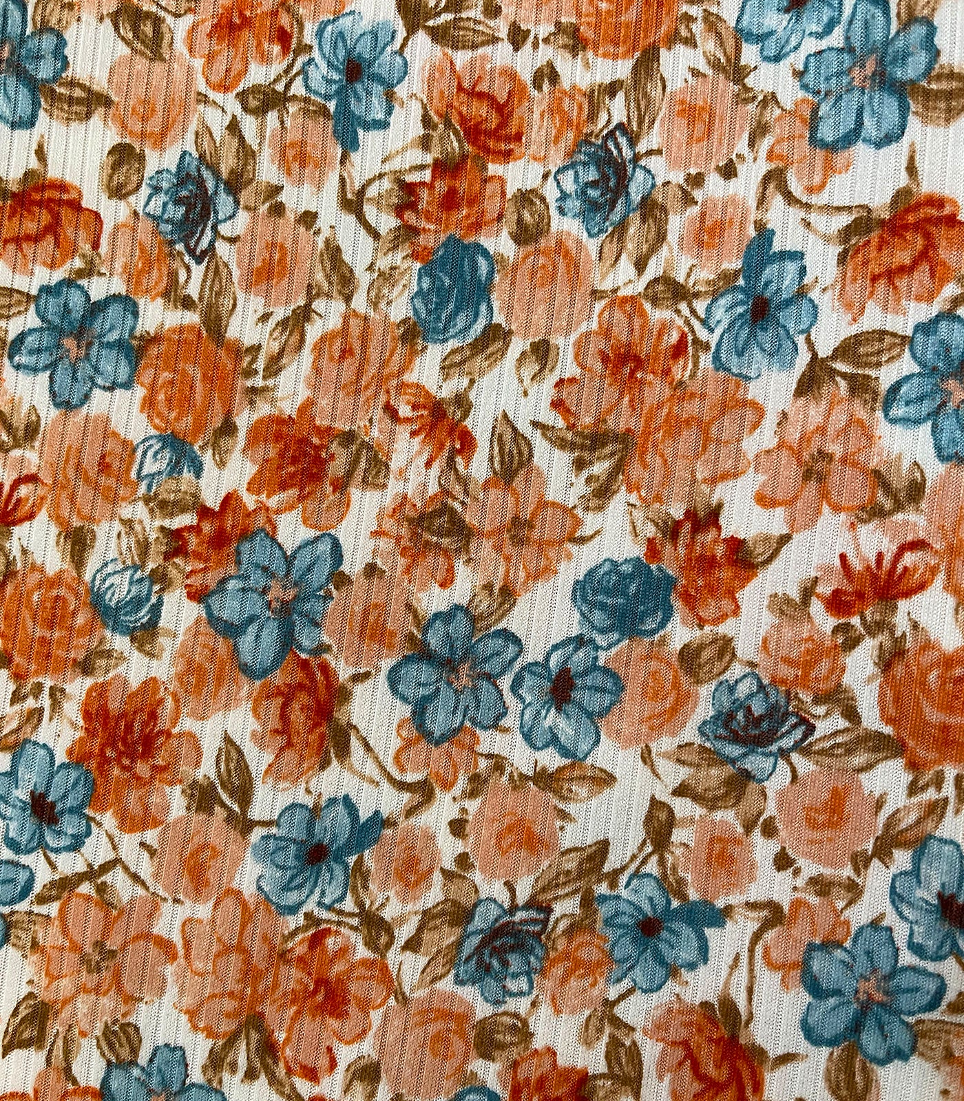 Beige/Teal/Peach Ditsy Floral Ribbed Knit (4x2) Fabric