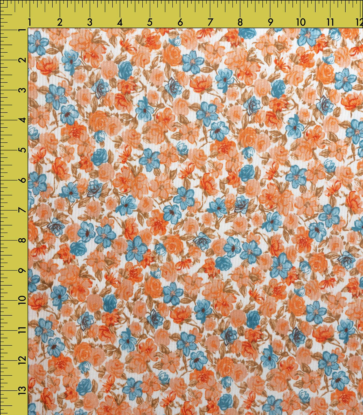 Beige/Teal/Peach Ditsy Floral Ribbed Knit (4x2) Fabric