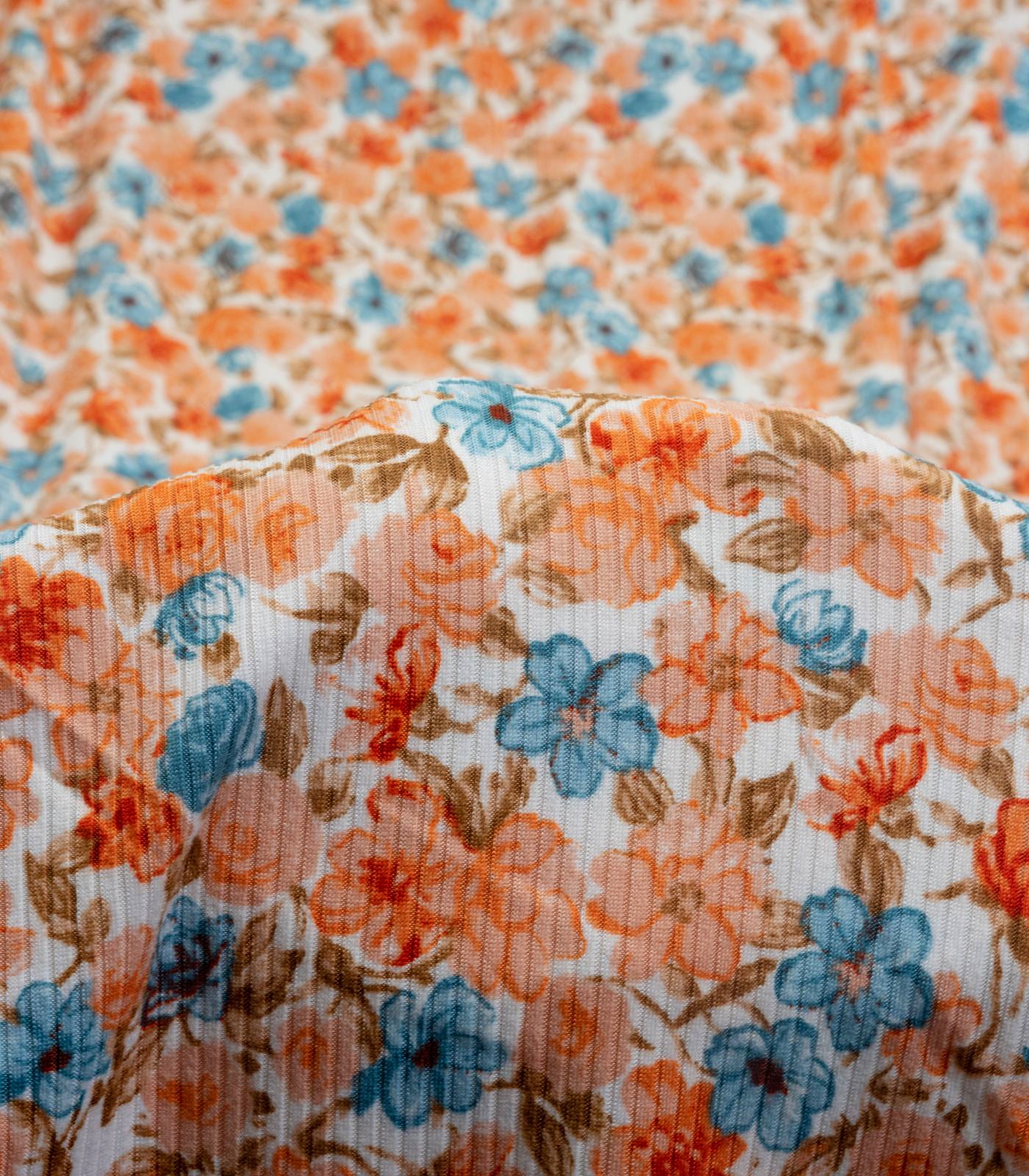 Beige/Teal/Peach Ditsy Floral Ribbed Knit (4x2) Fabric